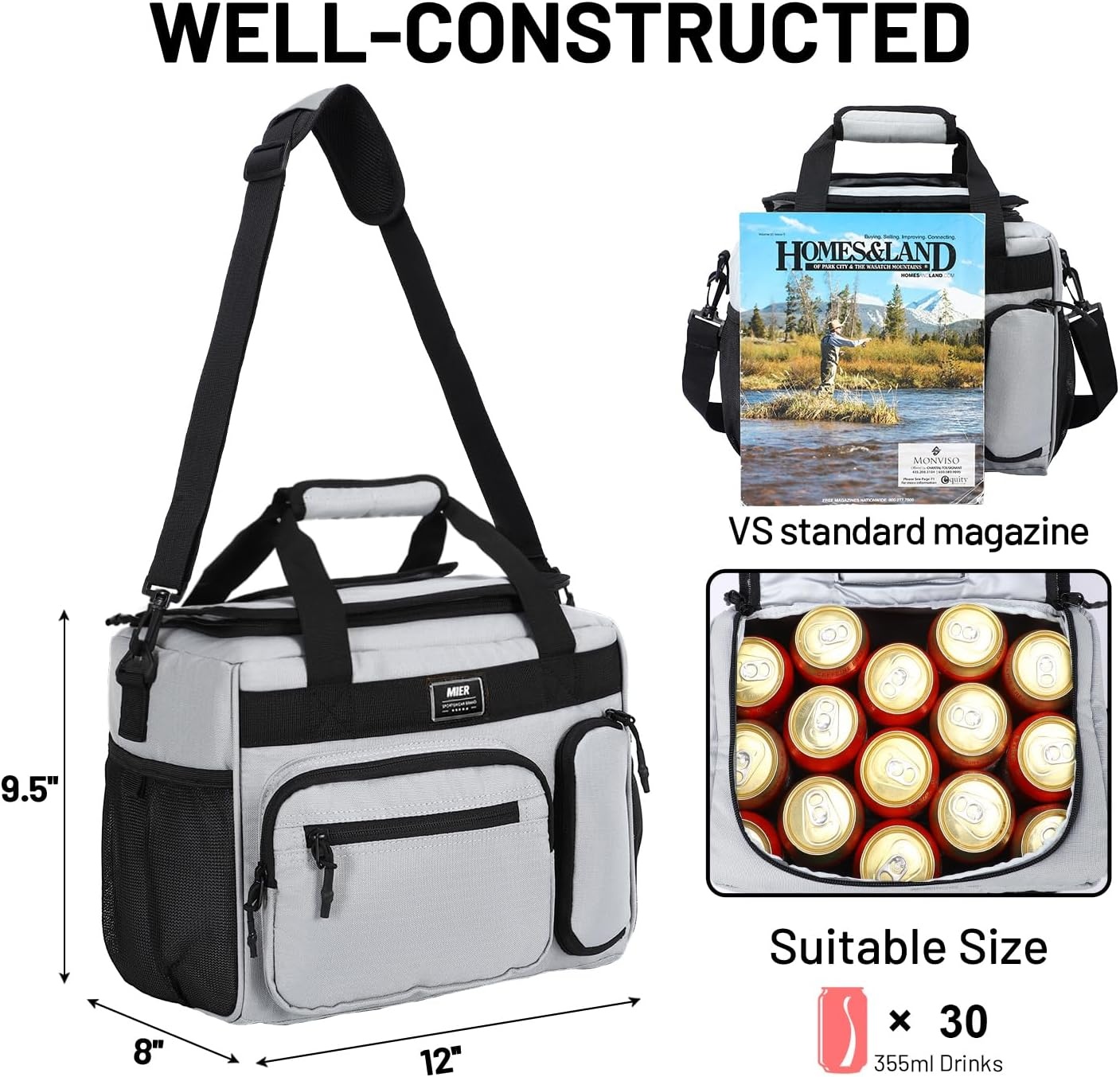 image:imageMIER Large Lunch Box for Men Women Adult Insulated Soft Sided Cooler 30 Can Leakproof Lunch Bag Collapsible for Work Travel Camping Beach 18L BlackNo Luggage StrapGrey