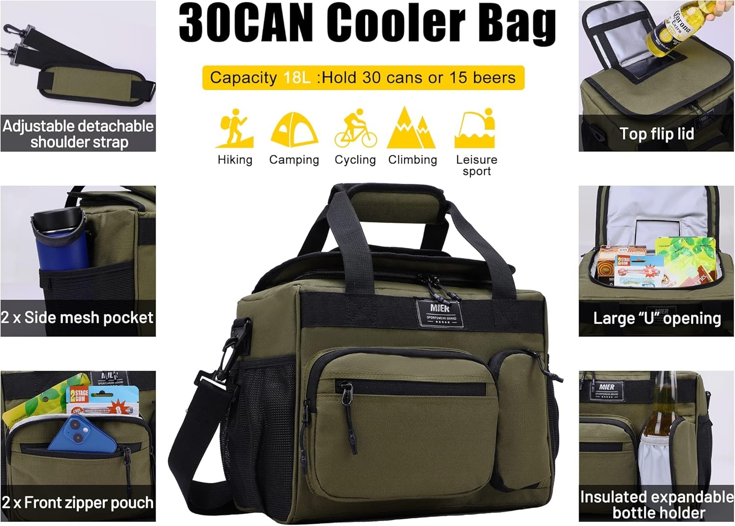 image:imageMIER Large Lunch Box for Men Women Adult Insulated Soft Sided Cooler 30 Can Leakproof Lunch Bag Collapsible for Work Travel Camping Beach 18L BlackNo Luggage StrapDark Green