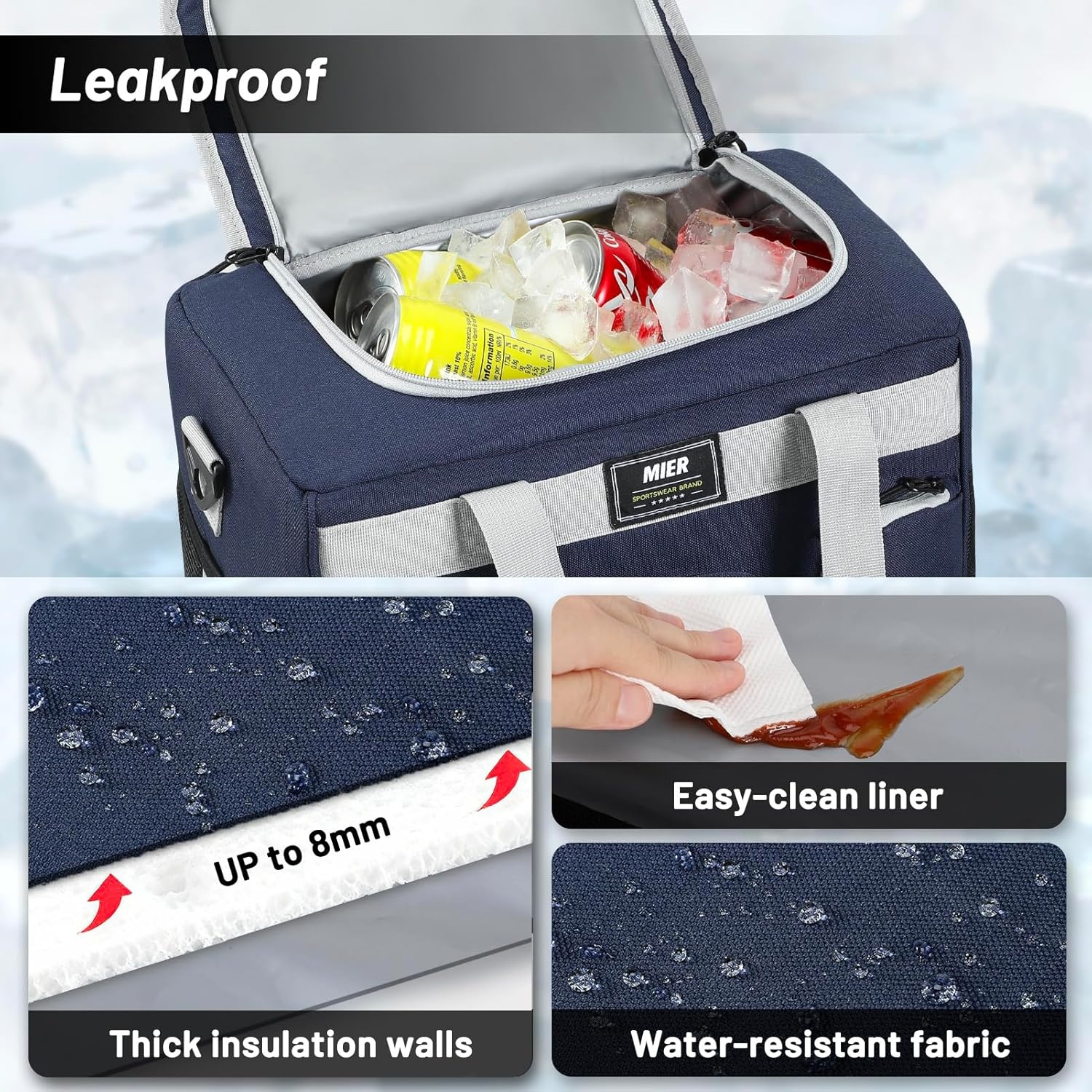 image:imageMIER Large Lunch Box for Men Women Adult Insulated Soft Sided Cooler 30 Can Leakproof Lunch Bag Collapsible for Work Travel Camping Beach 18L BlackNo Luggage StrapPure Blue