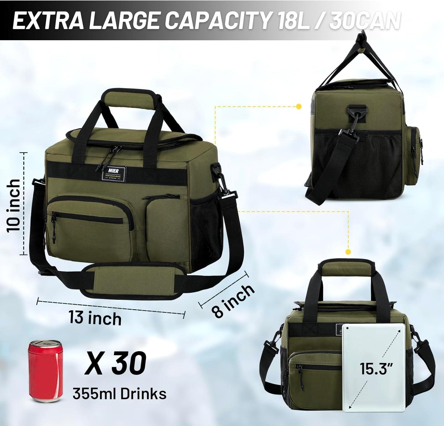 image:imageMIER Large Lunch Box for Men Women Adult Insulated Soft Sided Cooler 30 Can Leakproof Lunch Bag Collapsible for Work Travel Camping Beach 18L BlackNo Luggage StrapArmy Green