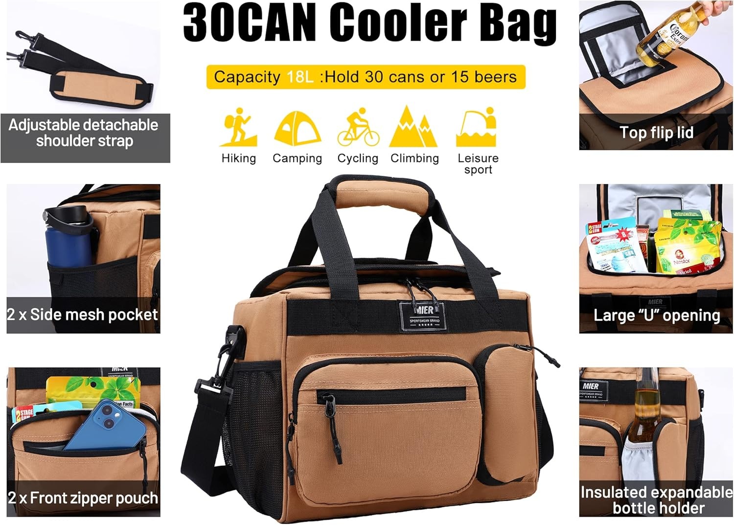 image:imageMIER Large Lunch Box for Men Women Adult Insulated Soft Sided Cooler 30 Can Leakproof Lunch Bag Collapsible for Work Travel Camping Beach 18L BlackNo Luggage StrapKhaki