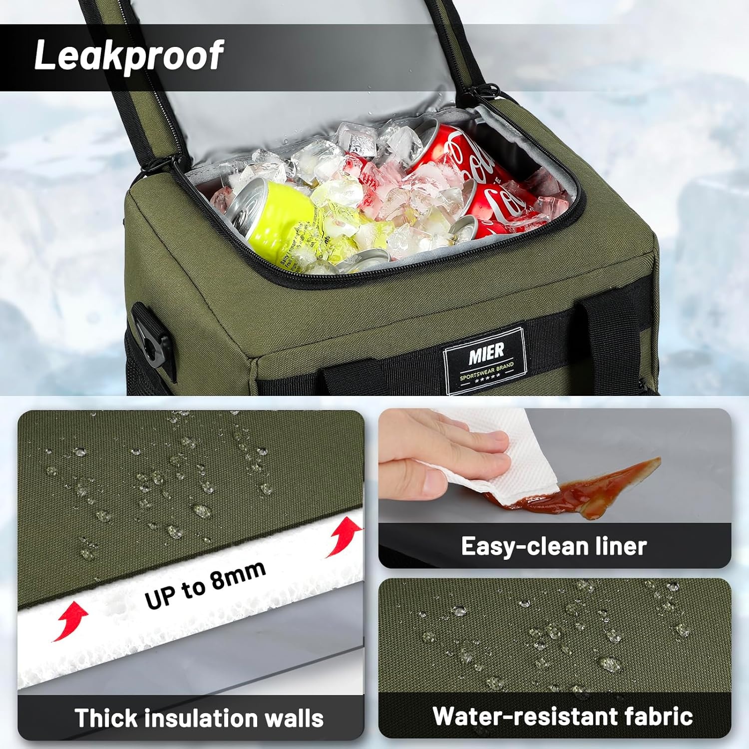 image:imageMIER Large Lunch Box for Men Women Adult Insulated Soft Sided Cooler 30 Can Leakproof Lunch Bag Collapsible for Work Travel Camping Beach 18L BlackNo Luggage StrapArmy Green