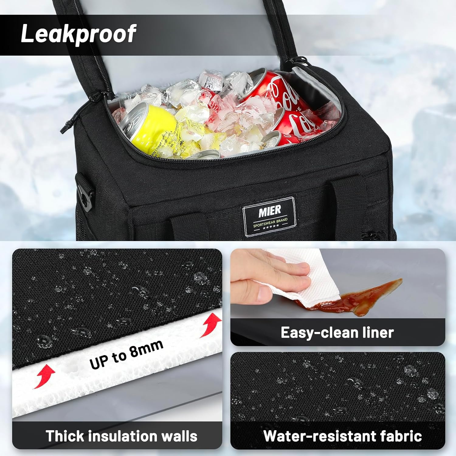 image:imageMIER Large Lunch Box for Men Women Adult Insulated Soft Sided Cooler 30 Can Leakproof Lunch Bag Collapsible for Work Travel Camping Beach 18L BlackNo Luggage StrapPure Black