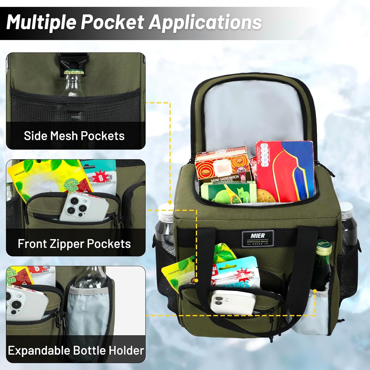 image:imageMIER Large Lunch Box for Men Women Adult Insulated Soft Sided Cooler 30 Can Leakproof Lunch Bag Collapsible for Work Travel Camping Beach 18L BlackNo Luggage StrapArmy Green