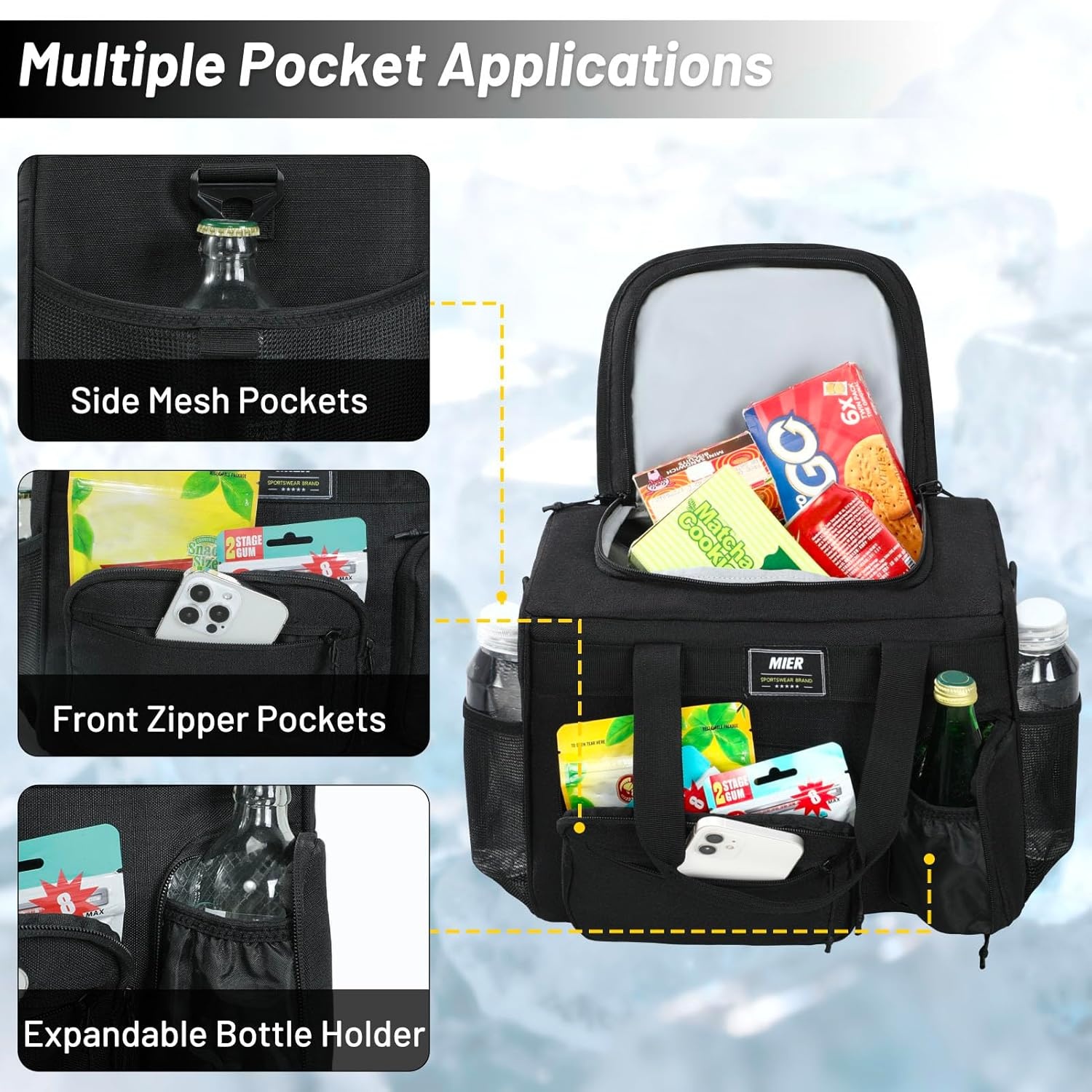 image:imageMIER Large Lunch Box for Men Women Adult Insulated Soft Sided Cooler 30 Can Leakproof Lunch Bag Collapsible for Work Travel Camping Beach 18L BlackNo Luggage StrapPure Black
