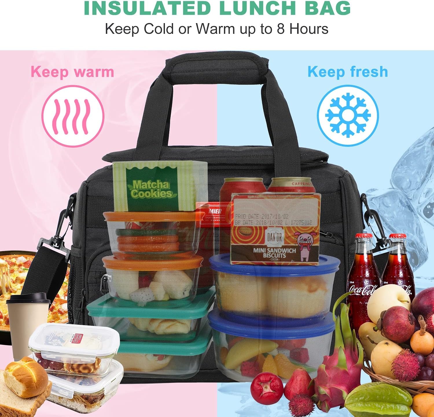 image:imageMIER Large Lunch Box for Men Women Adult Insulated Soft Sided Cooler 30 Can Leakproof Lunch Bag Collapsible for Work Travel Camping Beach 18L BlackNo Luggage StrapBlack