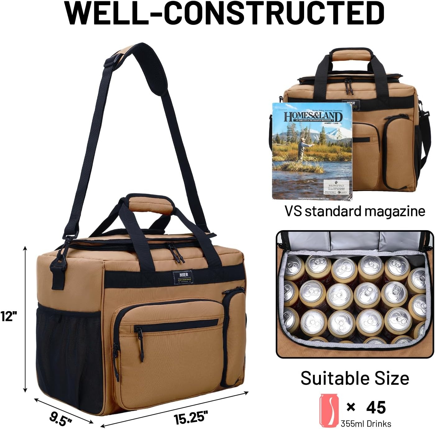 image:imageMIER Large Lunch Box for Men Women Adult Insulated Soft Sided Cooler 30 Can Leakproof Lunch Bag Collapsible for Work Travel Camping Beach 18L BlackNo Luggage StrapKhaki