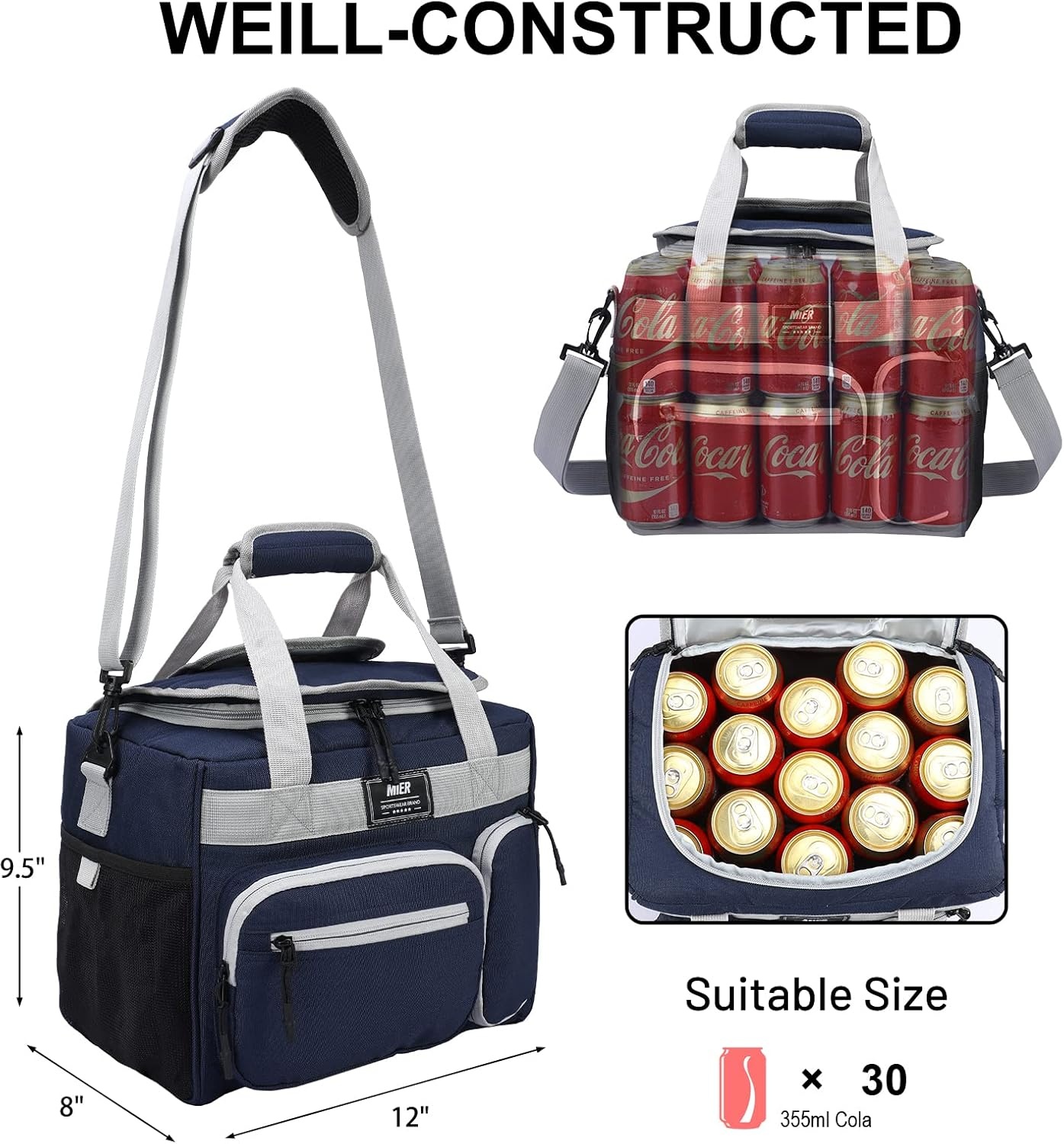 image:imageMIER Large Lunch Box for Men Women Adult Insulated Soft Sided Cooler 30 Can Leakproof Lunch Bag Collapsible for Work Travel Camping Beach 18L BlackNo Luggage StrapDark Blue