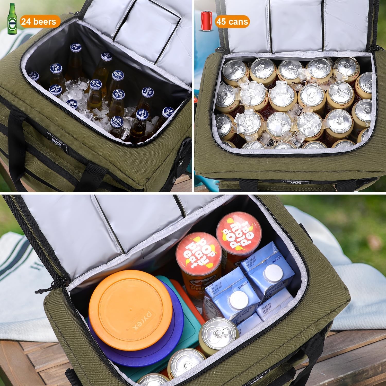 image:imageMIER Large Lunch Box for Men Women Adult Insulated Soft Sided Cooler 30 Can Leakproof Lunch Bag Collapsible for Work Travel Camping Beach 18L BlackNo Luggage StrapArmy Green