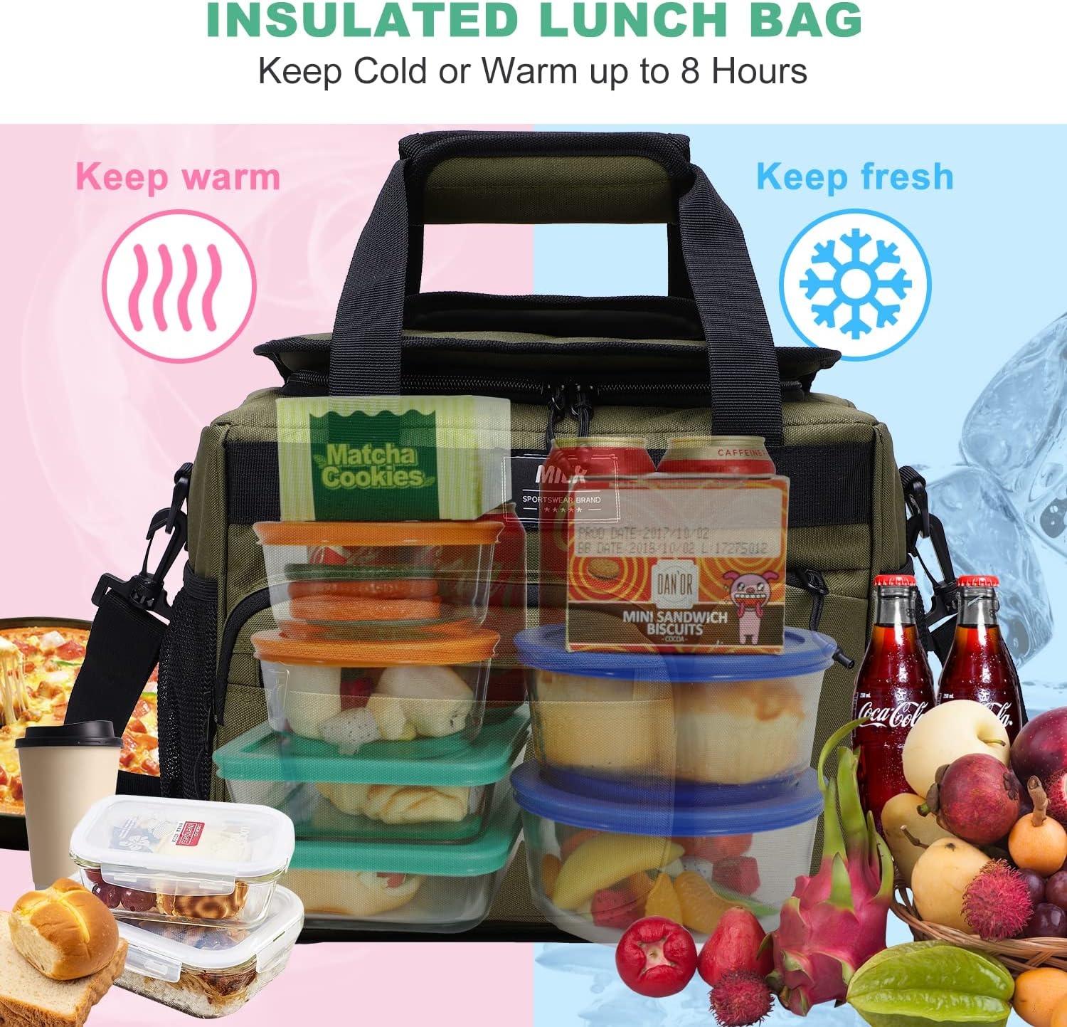 image:imageMIER Large Lunch Box for Men Women Adult Insulated Soft Sided Cooler 30 Can Leakproof Lunch Bag Collapsible for Work Travel Camping Beach 18L BlackNo Luggage StrapDark Green