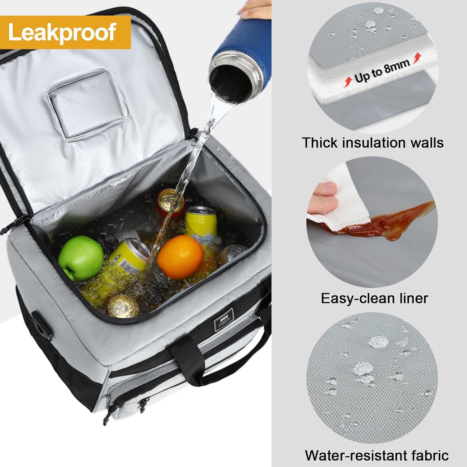 image:imageMIER Large Lunch Box for Men Women Adult Insulated Soft Sided Cooler 30 Can Leakproof Lunch Bag Collapsible for Work Travel Camping Beach 18L BlackNo Luggage StrapGrey