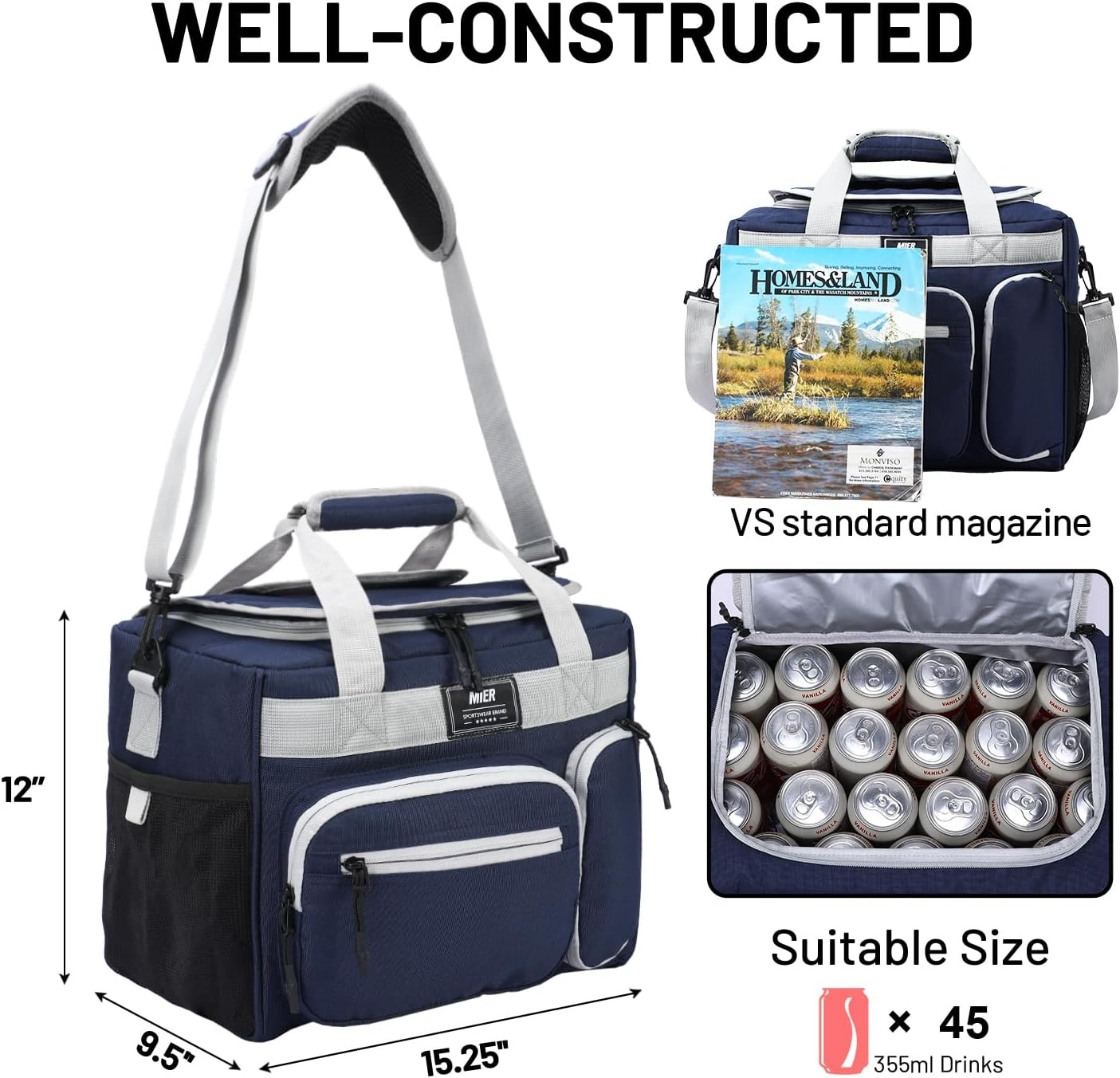 image:imageMIER Large Lunch Box for Men Women Adult Insulated Soft Sided Cooler 30 Can Leakproof Lunch Bag Collapsible for Work Travel Camping Beach 18L BlackNo Luggage StrapDark Blue