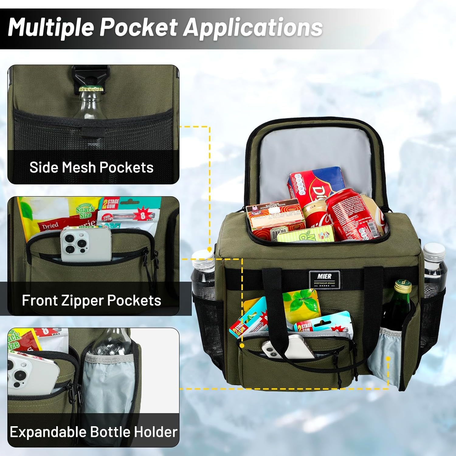image:imageMIER Large Lunch Box for Men Women Adult Insulated Soft Sided Cooler 30 Can Leakproof Lunch Bag Collapsible for Work Travel Camping Beach 18L BlackNo Luggage StrapArmy Green