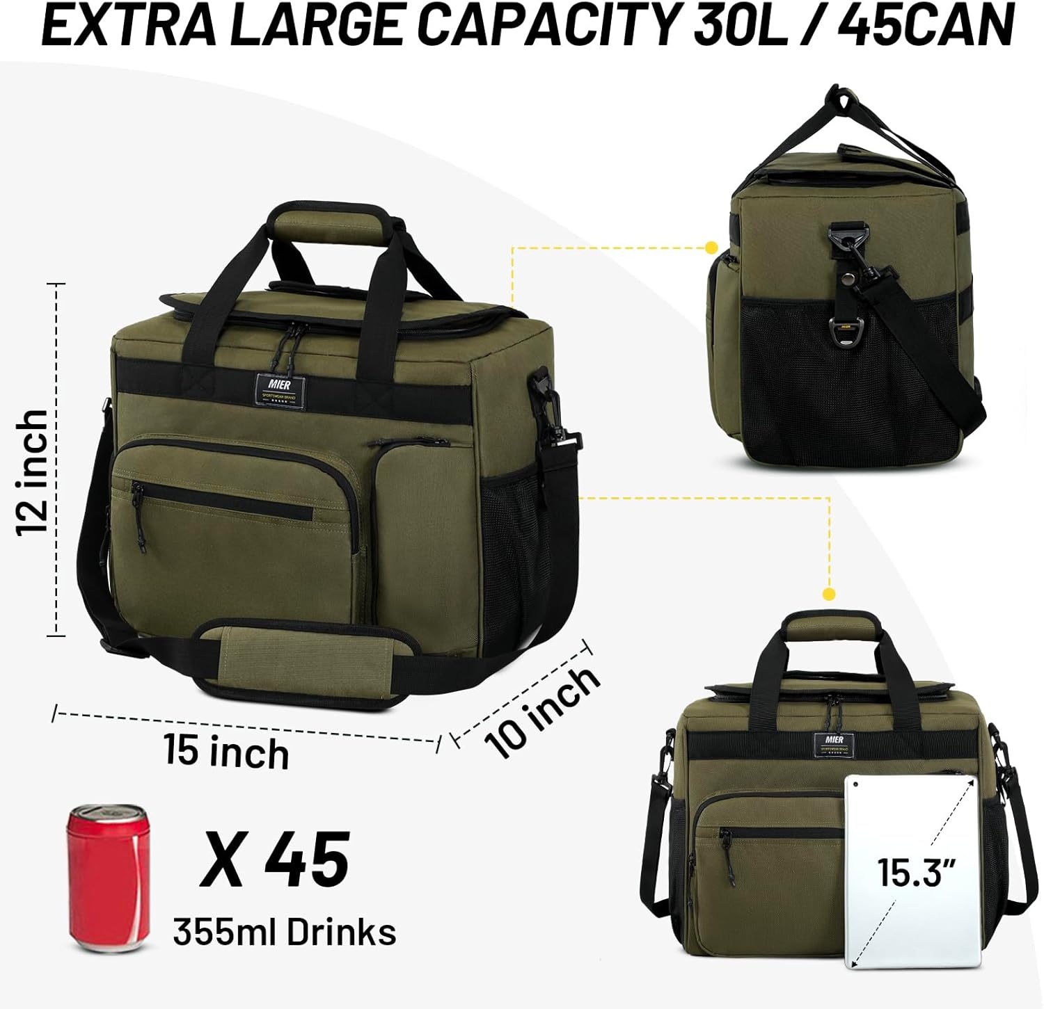 image:imageMIER Large Lunch Box for Men Women Adult Insulated Soft Sided Cooler 30 Can Leakproof Lunch Bag Collapsible for Work Travel Camping Beach 18L BlackNo Luggage StrapDark Green