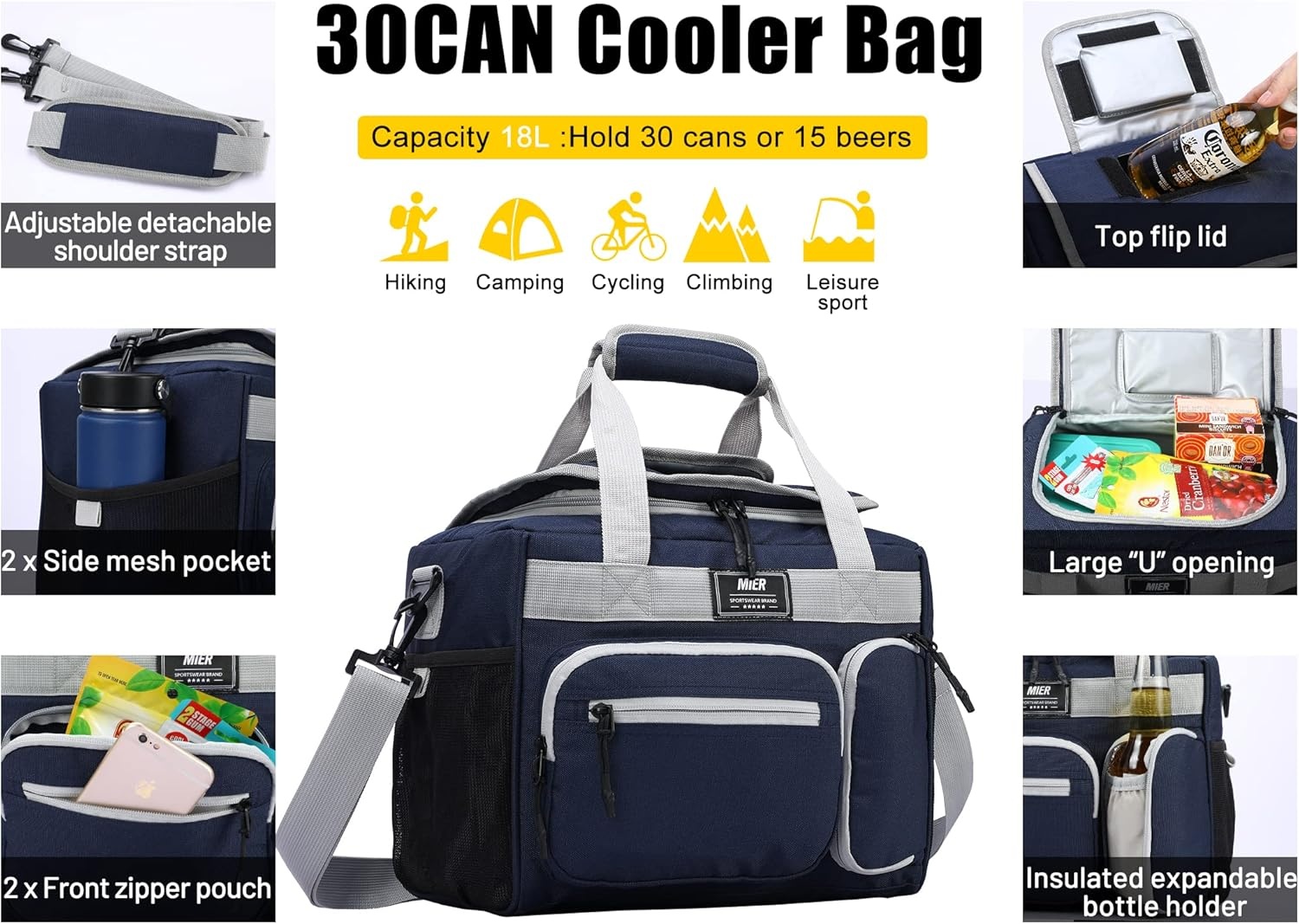 image:imageMIER Large Lunch Box for Men Women Adult Insulated Soft Sided Cooler 30 Can Leakproof Lunch Bag Collapsible for Work Travel Camping Beach 18L BlackNo Luggage StrapDark Blue