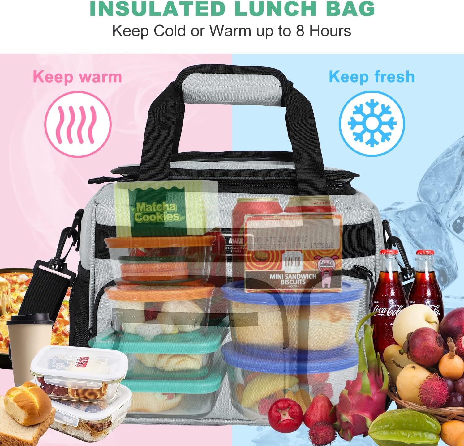 image:imageMIER Large Lunch Box for Men Women Adult Insulated Soft Sided Cooler 30 Can Leakproof Lunch Bag Collapsible for Work Travel Camping Beach 18L BlackNo Luggage StrapGrey
