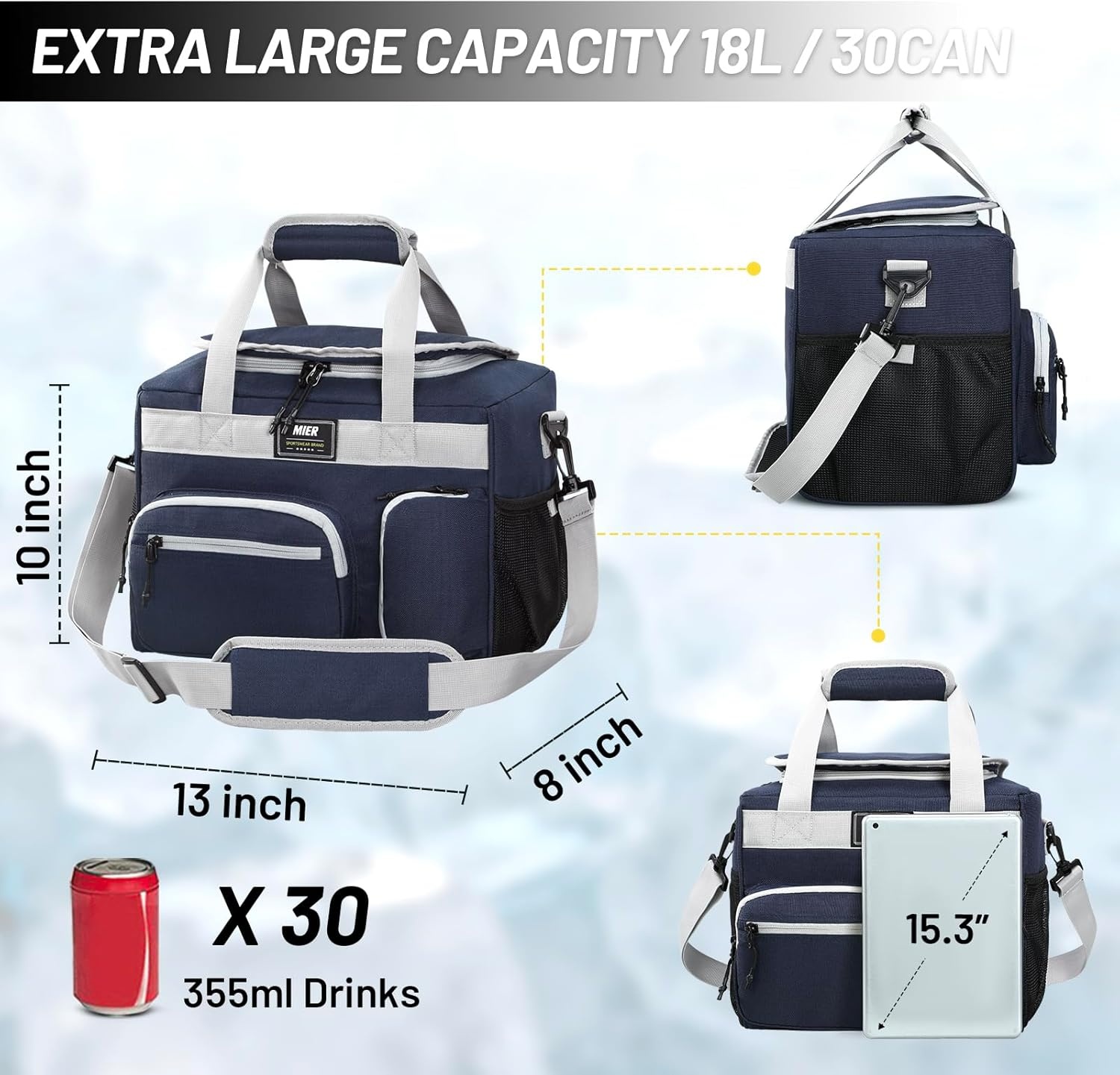 image:imageMIER Large Lunch Box for Men Women Adult Insulated Soft Sided Cooler 30 Can Leakproof Lunch Bag Collapsible for Work Travel Camping Beach 18L BlackNo Luggage StrapPure Blue
