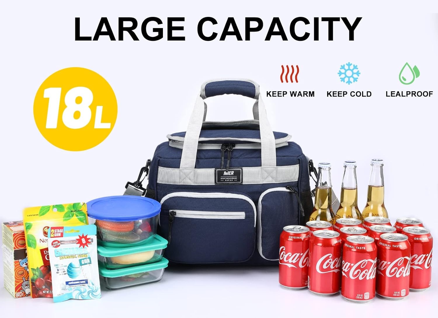 image:imageMIER Large Lunch Box for Men Women Adult Insulated Soft Sided Cooler 30 Can Leakproof Lunch Bag Collapsible for Work Travel Camping Beach 18L BlackNo Luggage StrapDark Blue