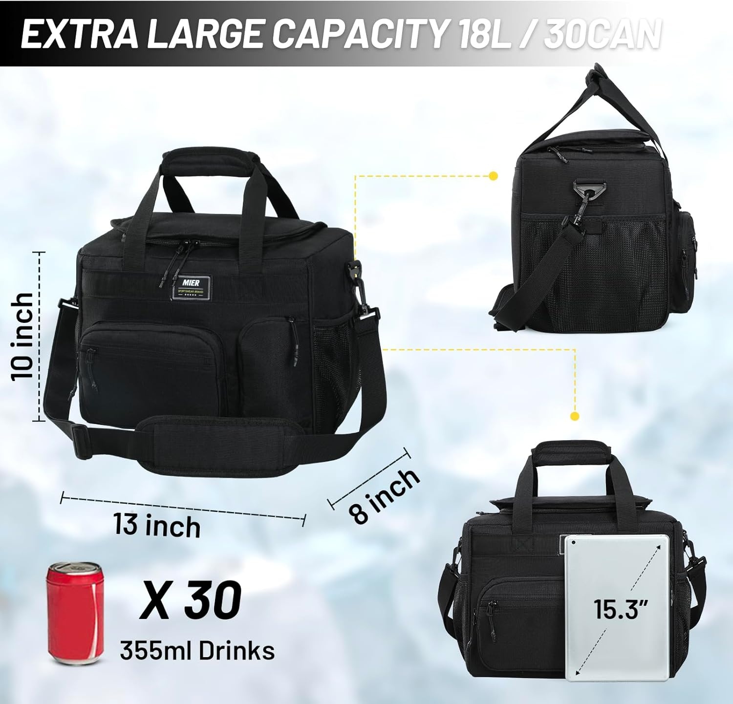 image:imageMIER Large Lunch Box for Men Women Adult Insulated Soft Sided Cooler 30 Can Leakproof Lunch Bag Collapsible for Work Travel Camping Beach 18L BlackNo Luggage StrapPure Black