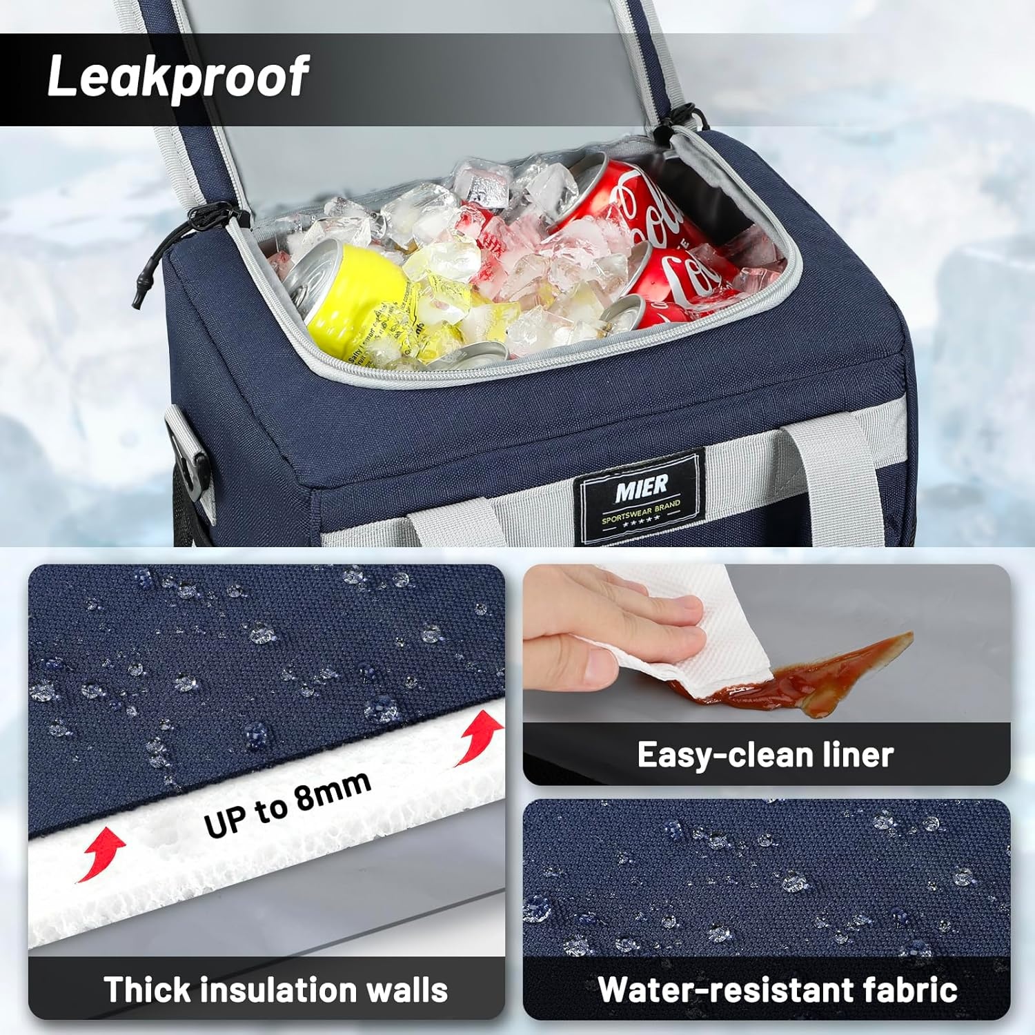 image:imageMIER Large Lunch Box for Men Women Adult Insulated Soft Sided Cooler 30 Can Leakproof Lunch Bag Collapsible for Work Travel Camping Beach 18L BlackNo Luggage StrapPure Blue