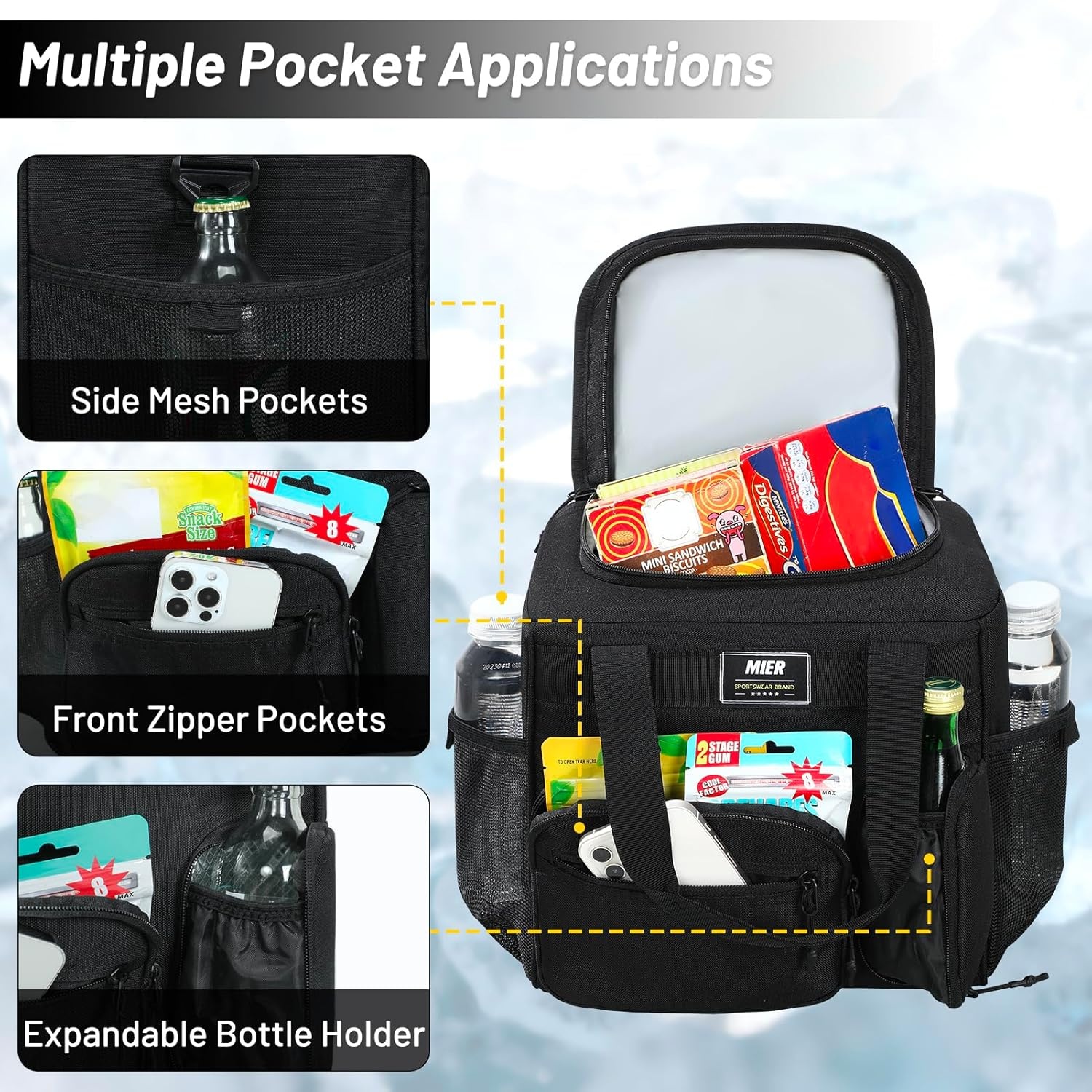 image:imageMIER Large Lunch Box for Men Women Adult Insulated Soft Sided Cooler 30 Can Leakproof Lunch Bag Collapsible for Work Travel Camping Beach 18L BlackNo Luggage StrapPure Black