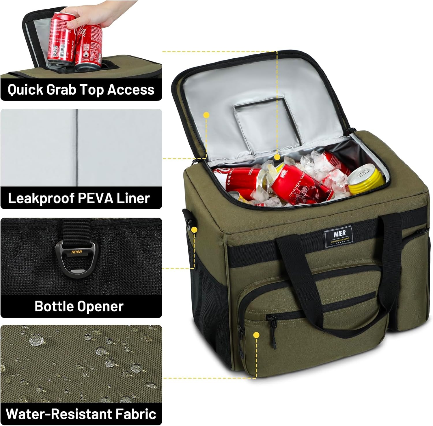 image:imageMIER Large Lunch Box for Men Women Adult Insulated Soft Sided Cooler 30 Can Leakproof Lunch Bag Collapsible for Work Travel Camping Beach 18L BlackNo Luggage StrapDark Green
