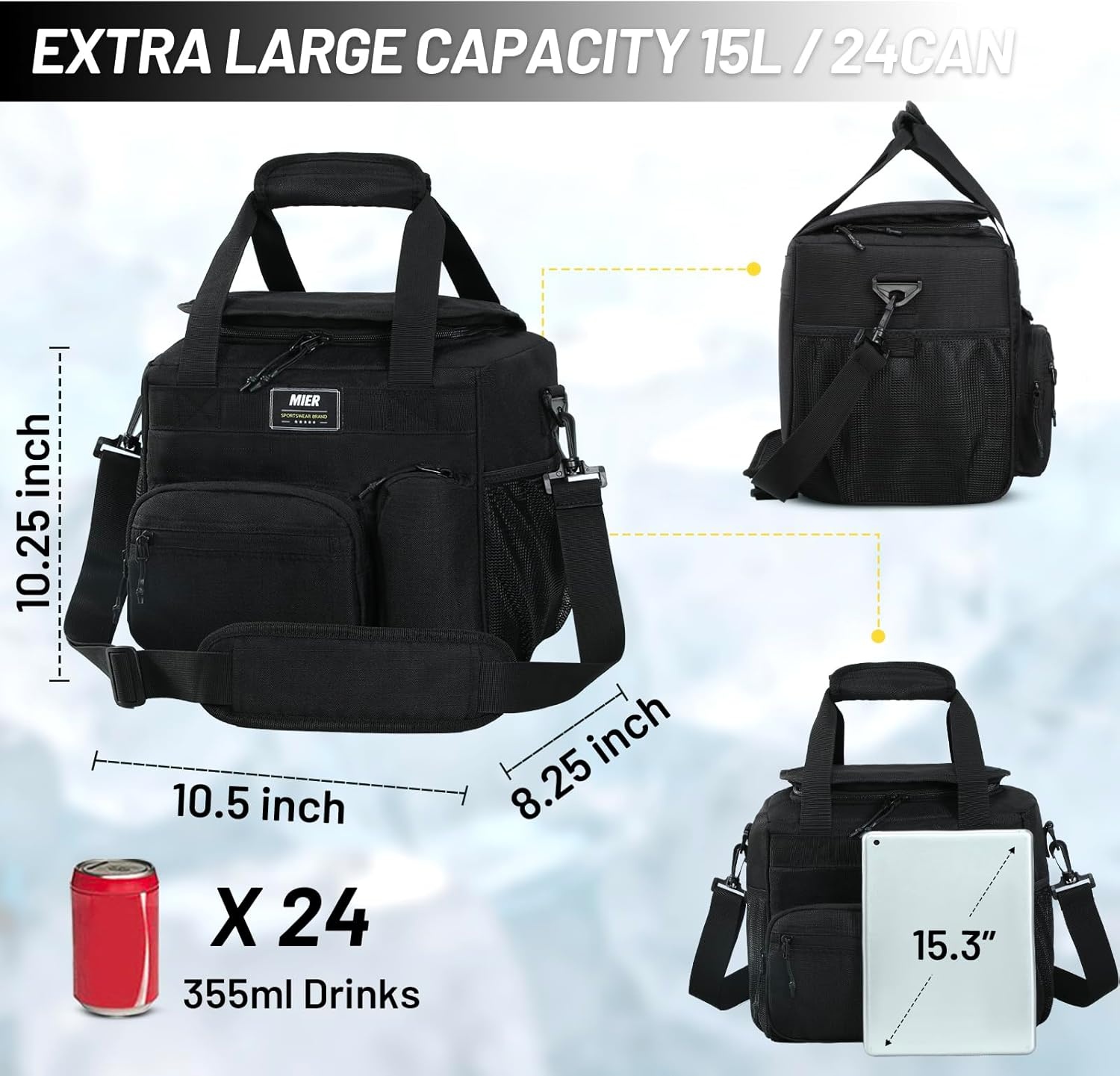 image:imageMIER Large Lunch Box for Men Women Adult Insulated Soft Sided Cooler 30 Can Leakproof Lunch Bag Collapsible for Work Travel Camping Beach 18L BlackNo Luggage StrapPure Black