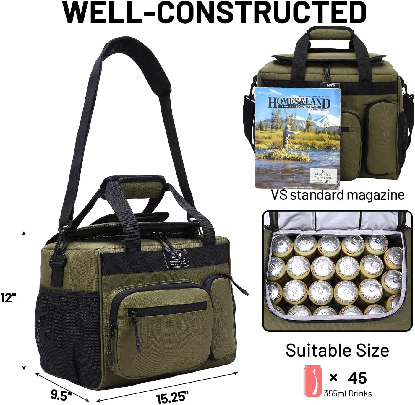 image:imageMIER Large Lunch Box for Men Women Adult Insulated Soft Sided Cooler 30 Can Leakproof Lunch Bag Collapsible for Work Travel Camping Beach 18L BlackNo Luggage StrapArmy Green