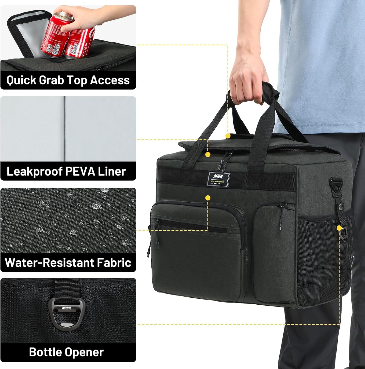 image:imageMIER Large Lunch Box for Men Women Adult Insulated Soft Sided Cooler 30 Can Leakproof Lunch Bag Collapsible for Work Travel Camping Beach 18L BlackNo Luggage StrapDeep Grey
