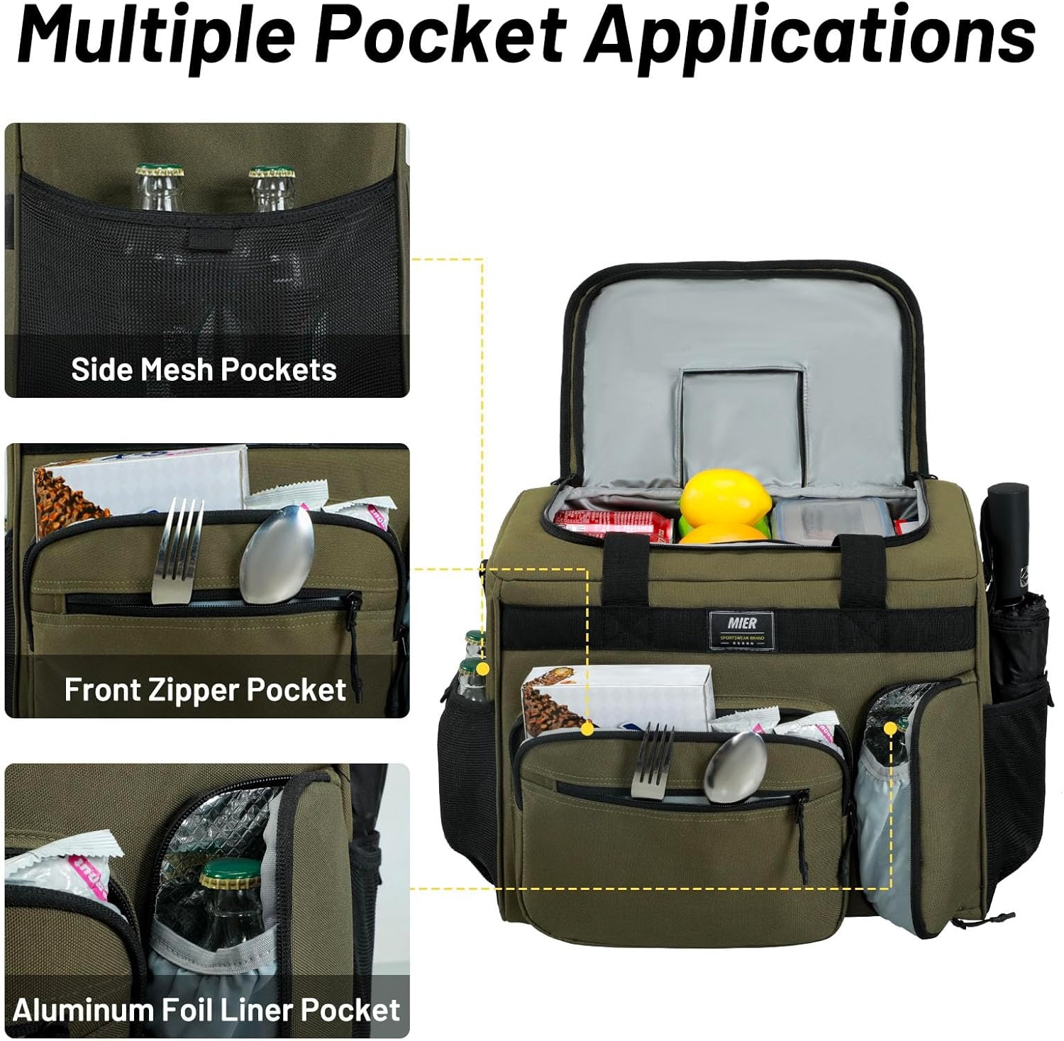 image:imageMIER Large Lunch Box for Men Women Adult Insulated Soft Sided Cooler 30 Can Leakproof Lunch Bag Collapsible for Work Travel Camping Beach 18L BlackNo Luggage StrapDark Green