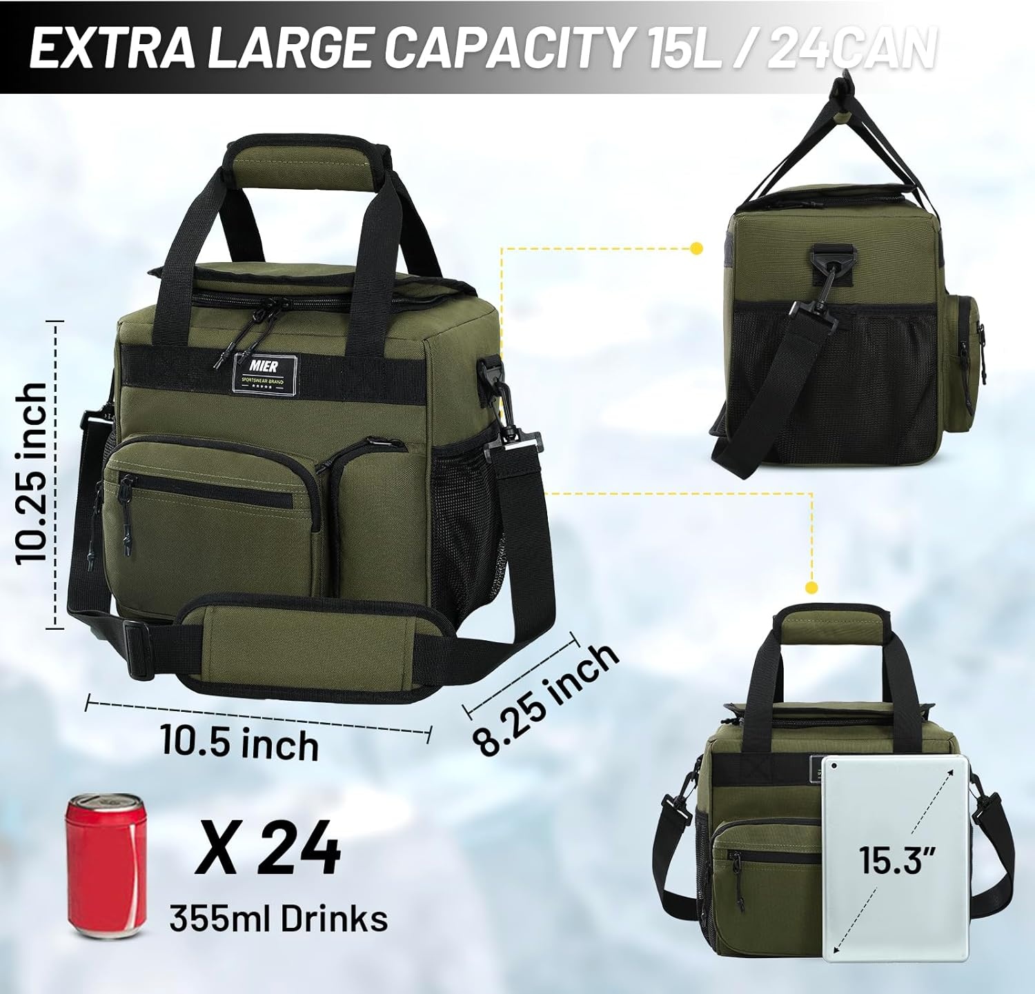 image:imageMIER Large Lunch Box for Men Women Adult Insulated Soft Sided Cooler 30 Can Leakproof Lunch Bag Collapsible for Work Travel Camping Beach 18L BlackNo Luggage StrapArmy Green