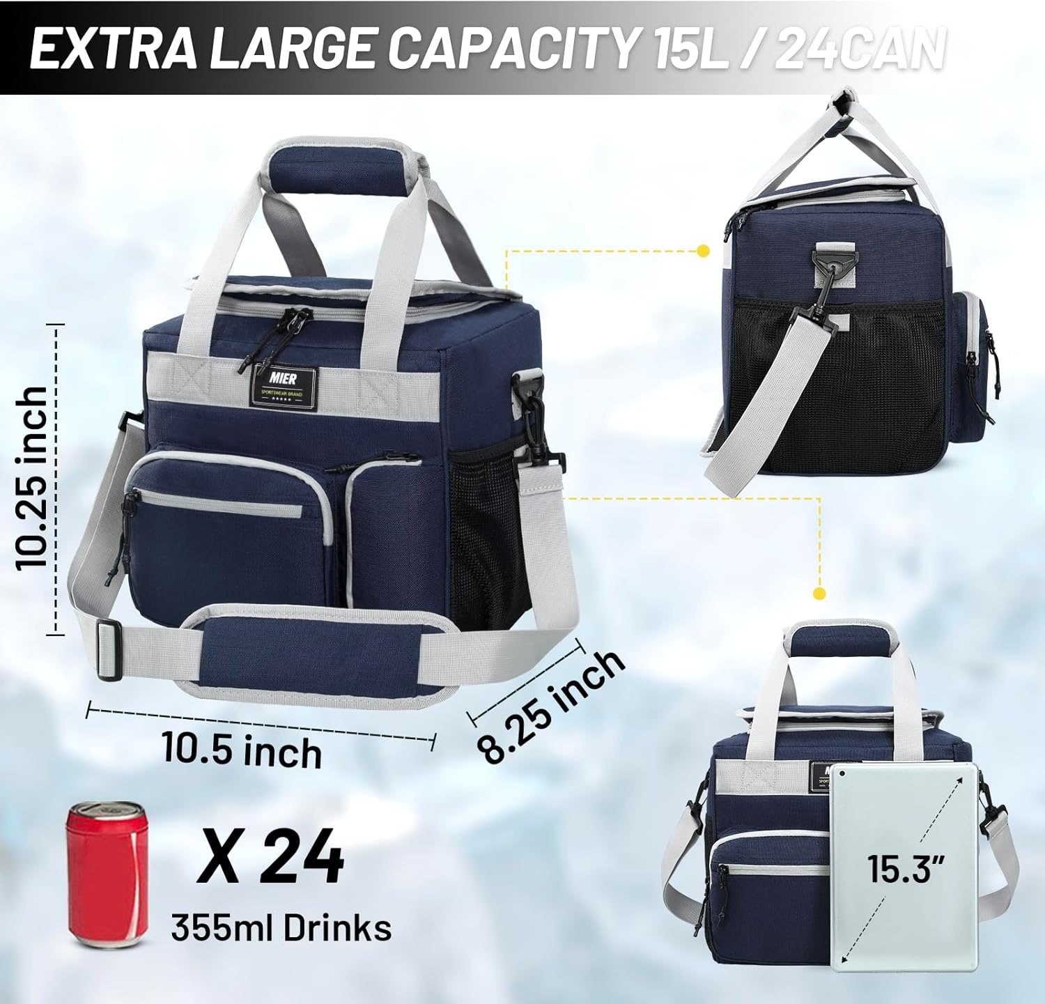 image:imageMIER Large Lunch Box for Men Women Adult Insulated Soft Sided Cooler 30 Can Leakproof Lunch Bag Collapsible for Work Travel Camping Beach 18L BlackNo Luggage StrapPure Blue