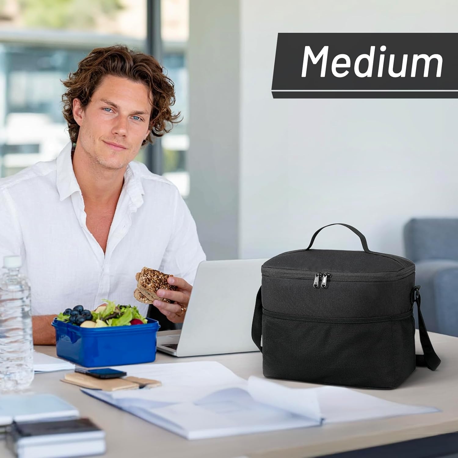 image:imageMIER Lunch Bag for Men Women Insulated Portable Lunch Box 12CAN Leakproof Cooler Bag with Shoulder Strap for Office Picnic School Medium AquaBlack