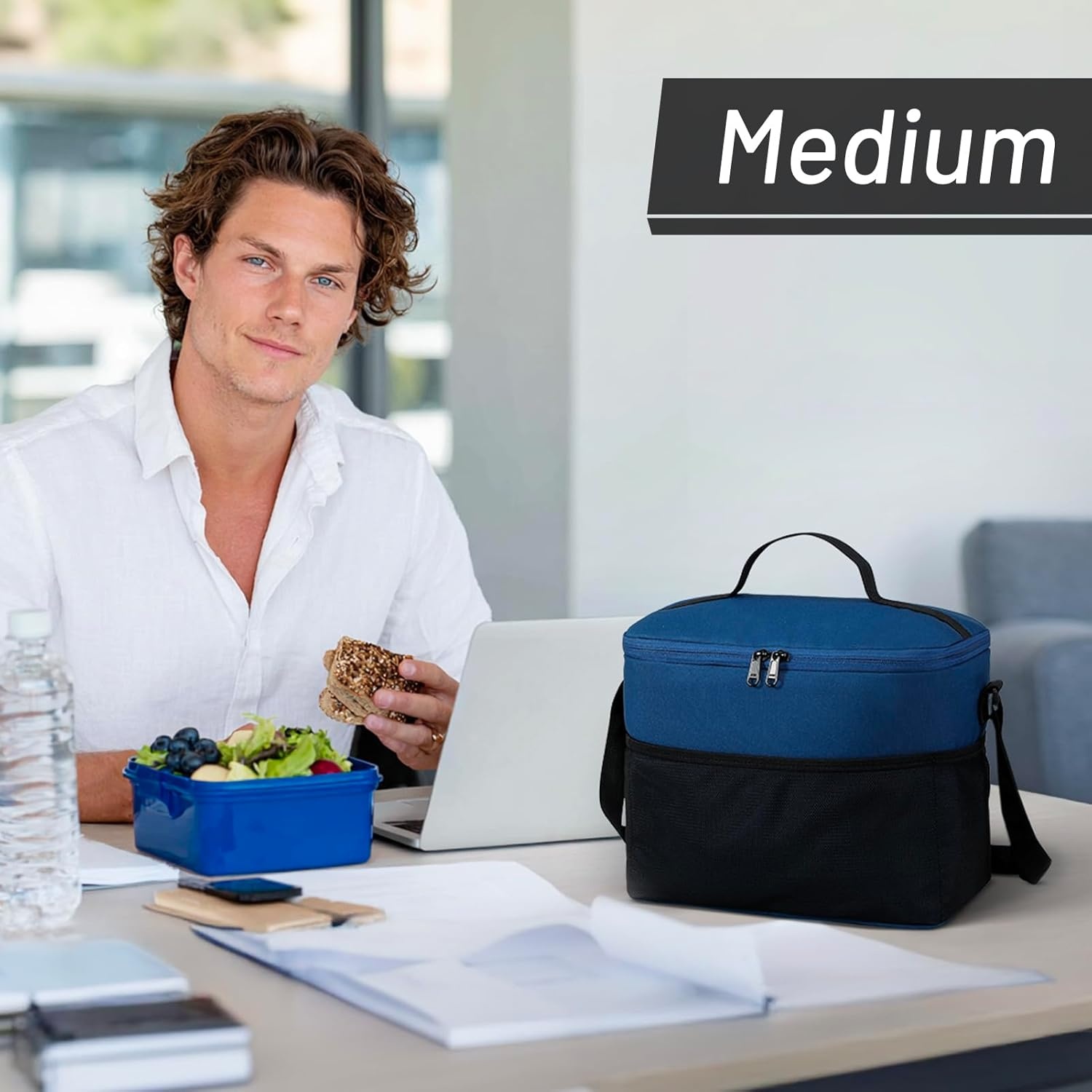 image:imageMIER Lunch Bag for Men Women Insulated Portable Lunch Box 12CAN Leakproof Cooler Bag with Shoulder Strap for Office Picnic School Medium AquaNavy
