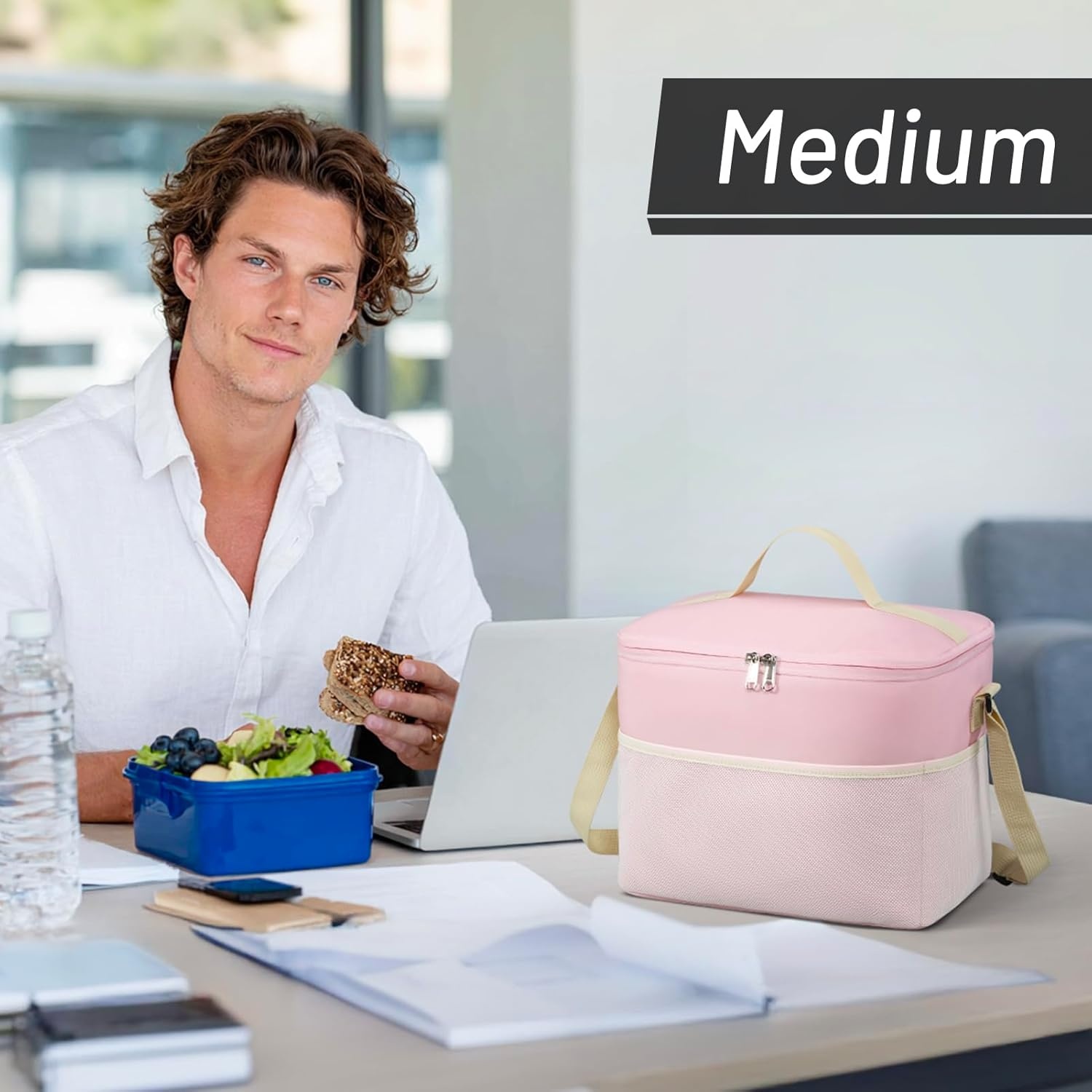 image:imageMIER Lunch Bag for Men Women Insulated Portable Lunch Box 12CAN Leakproof Cooler Bag with Shoulder Strap for Office Picnic School Medium AquaPink