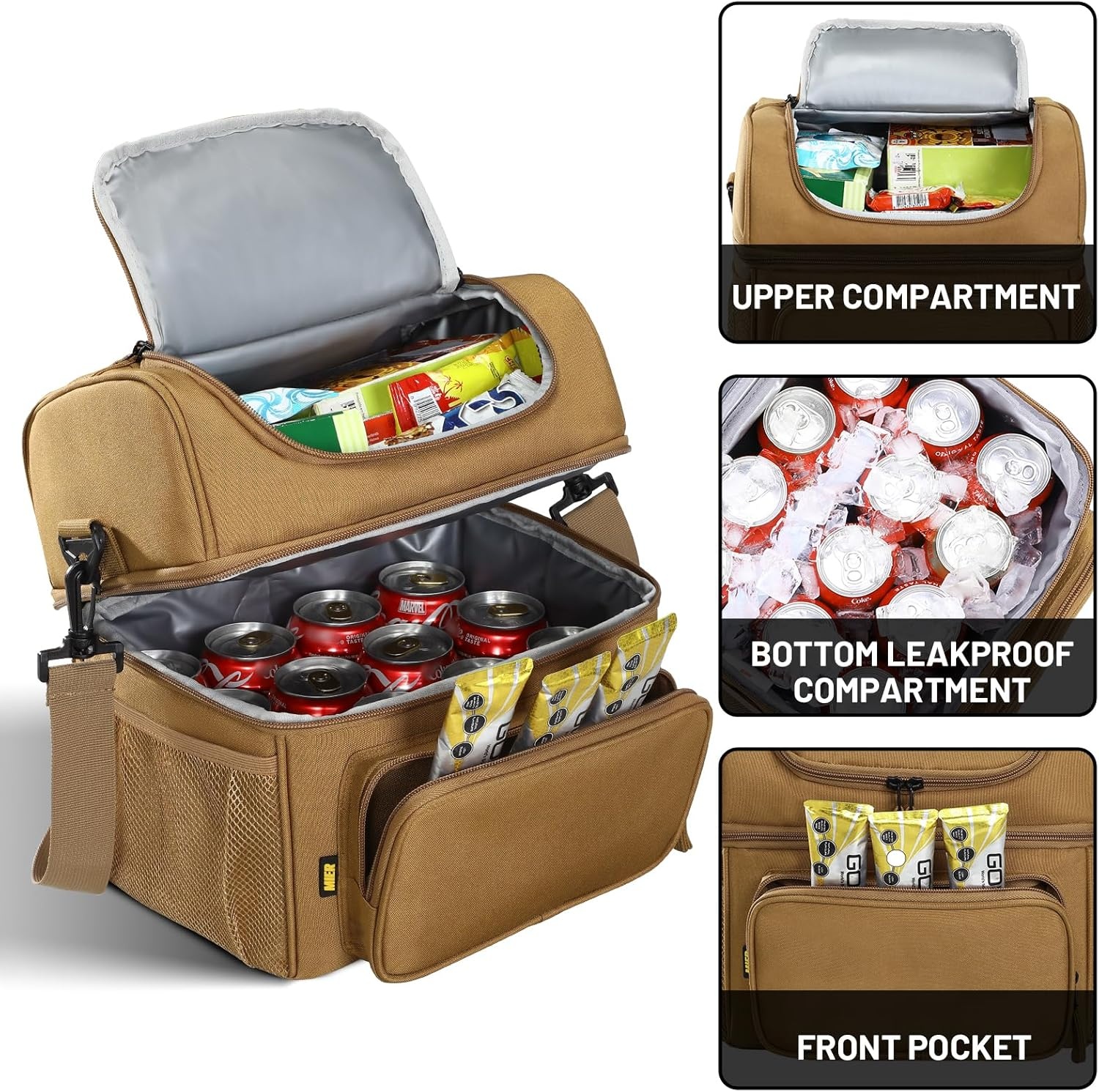 image:imageMIER Mens Insulated Lunch Box Dual Compartment Large Lunch Bag Coolers with Shoulder Strap for Men Women Adult to Office Work Picnic Travel Outdoors Army GreenKhaki