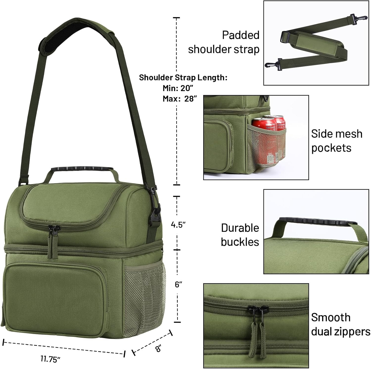 image:imageMIER Mens Insulated Lunch Box Dual Compartment Large Lunch Bag Coolers with Shoulder Strap for Men Women Adult to Office Work Picnic Travel Outdoors Army GreenGreen