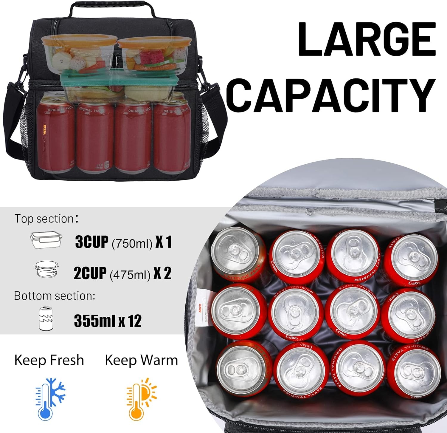 image:imageMIER Mens Insulated Lunch Box Dual Compartment Large Lunch Bag Coolers with Shoulder Strap for Men Women Adult to Office Work Picnic Travel Outdoors Army GreenBlack
