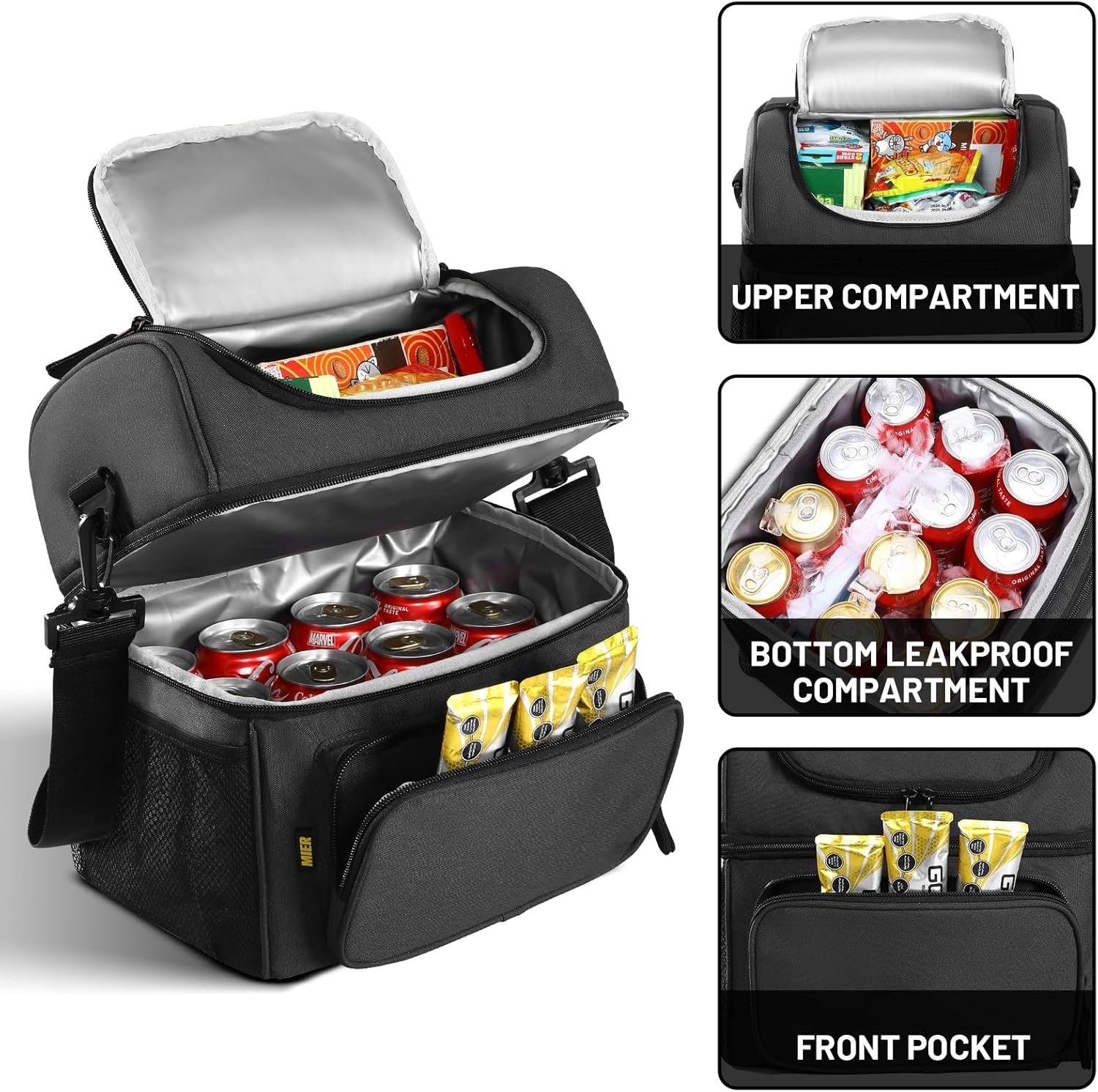 image:imageMIER Mens Insulated Lunch Box Dual Compartment Large Lunch Bag Coolers with Shoulder Strap for Men Women Adult to Office Work Picnic Travel Outdoors Army GreenDark Gray