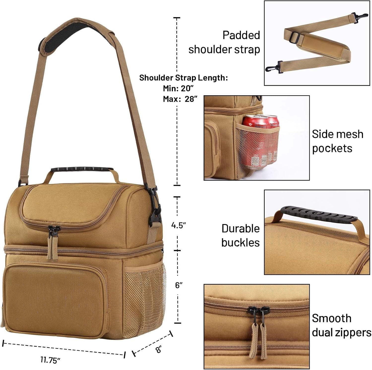 image:imageMIER Mens Insulated Lunch Box Dual Compartment Large Lunch Bag Coolers with Shoulder Strap for Men Women Adult to Office Work Picnic Travel Outdoors Army GreenKhaki