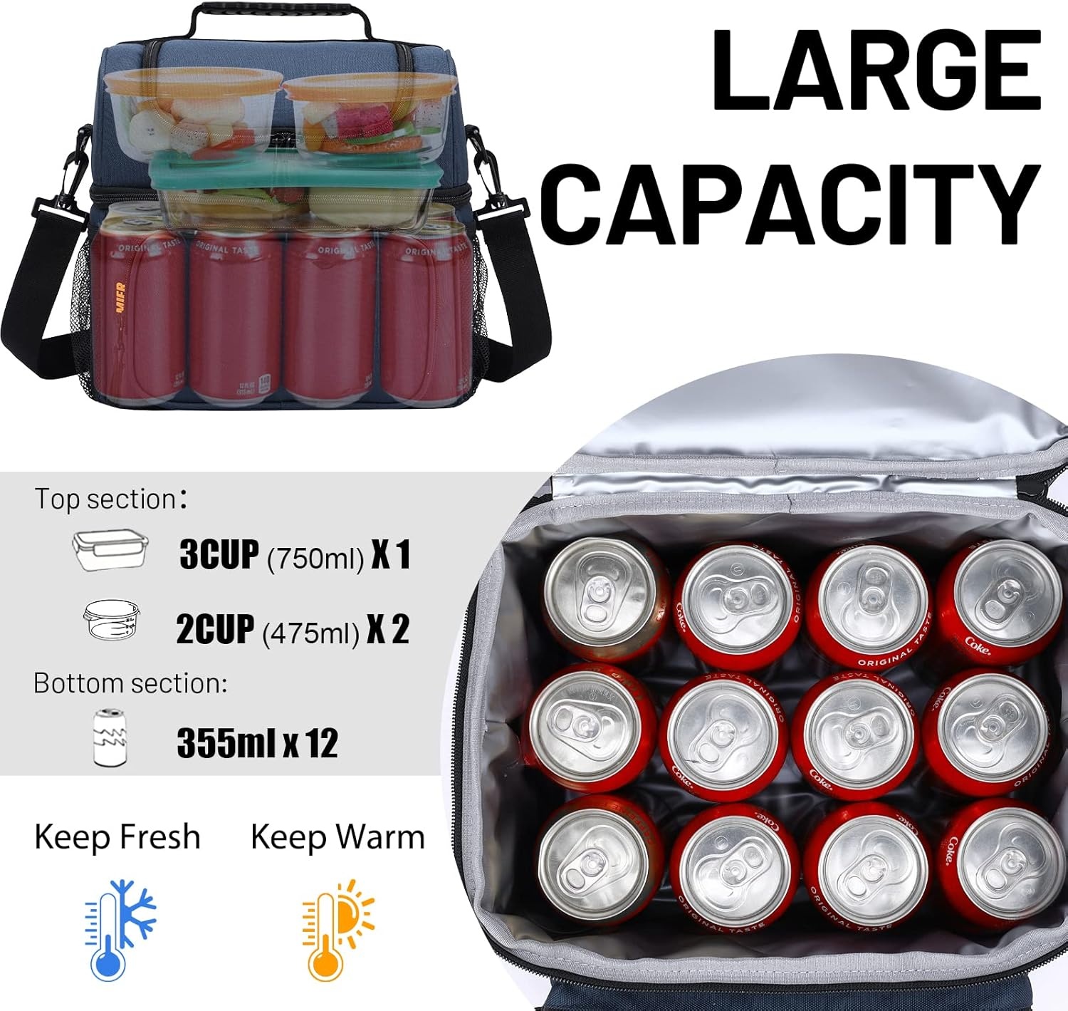 image:imageMIER Mens Insulated Lunch Box Dual Compartment Large Lunch Bag Coolers with Shoulder Strap for Men Women Adult to Office Work Picnic Travel Outdoors Army GreenDark Blue