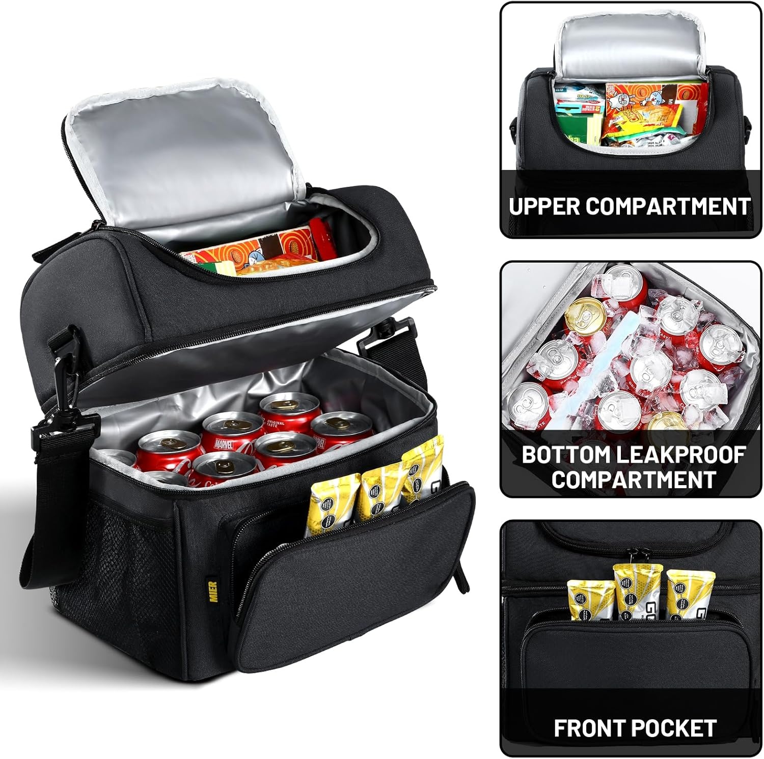 image:imageMIER Mens Insulated Lunch Box Dual Compartment Large Lunch Bag Coolers with Shoulder Strap for Men Women Adult to Office Work Picnic Travel Outdoors Army GreenBlack