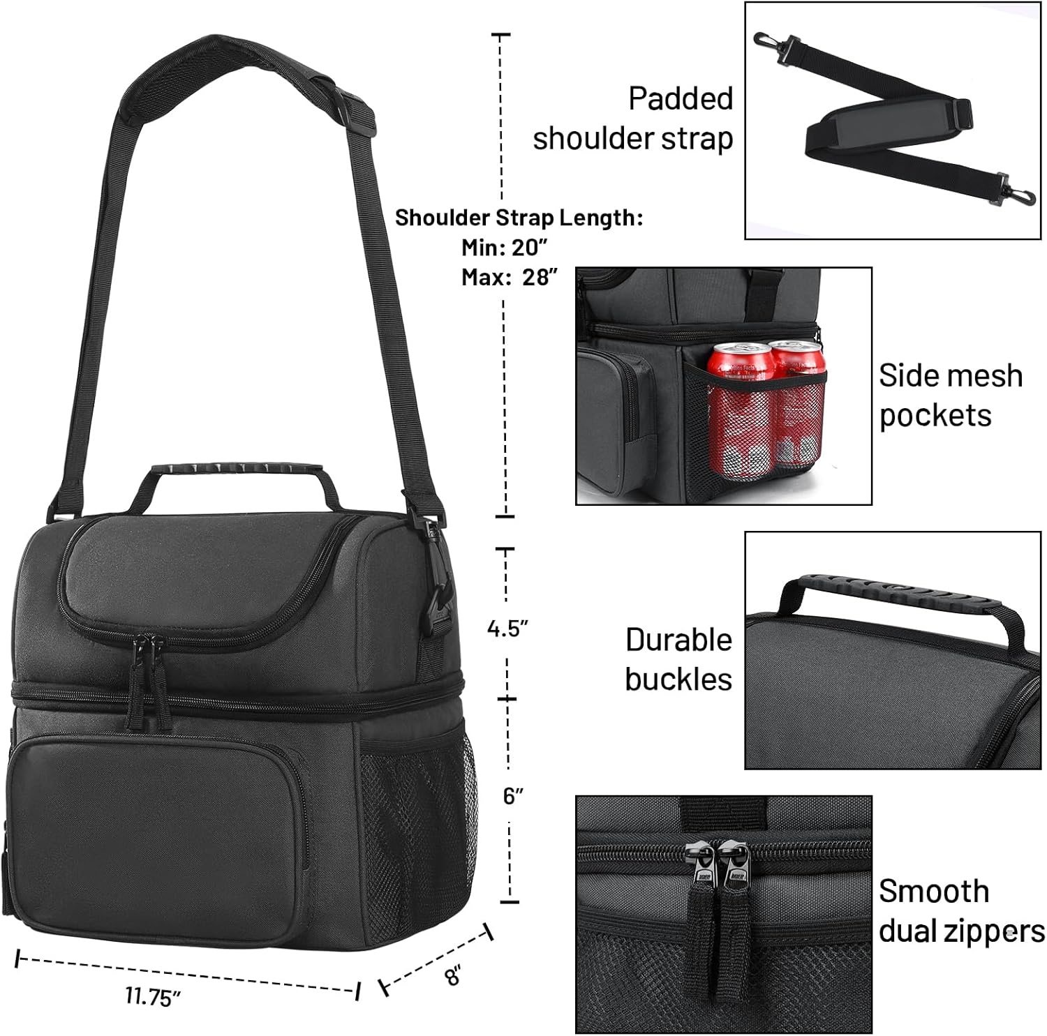 image:imageMIER Mens Insulated Lunch Box Dual Compartment Large Lunch Bag Coolers with Shoulder Strap for Men Women Adult to Office Work Picnic Travel Outdoors Army GreenDark Gray