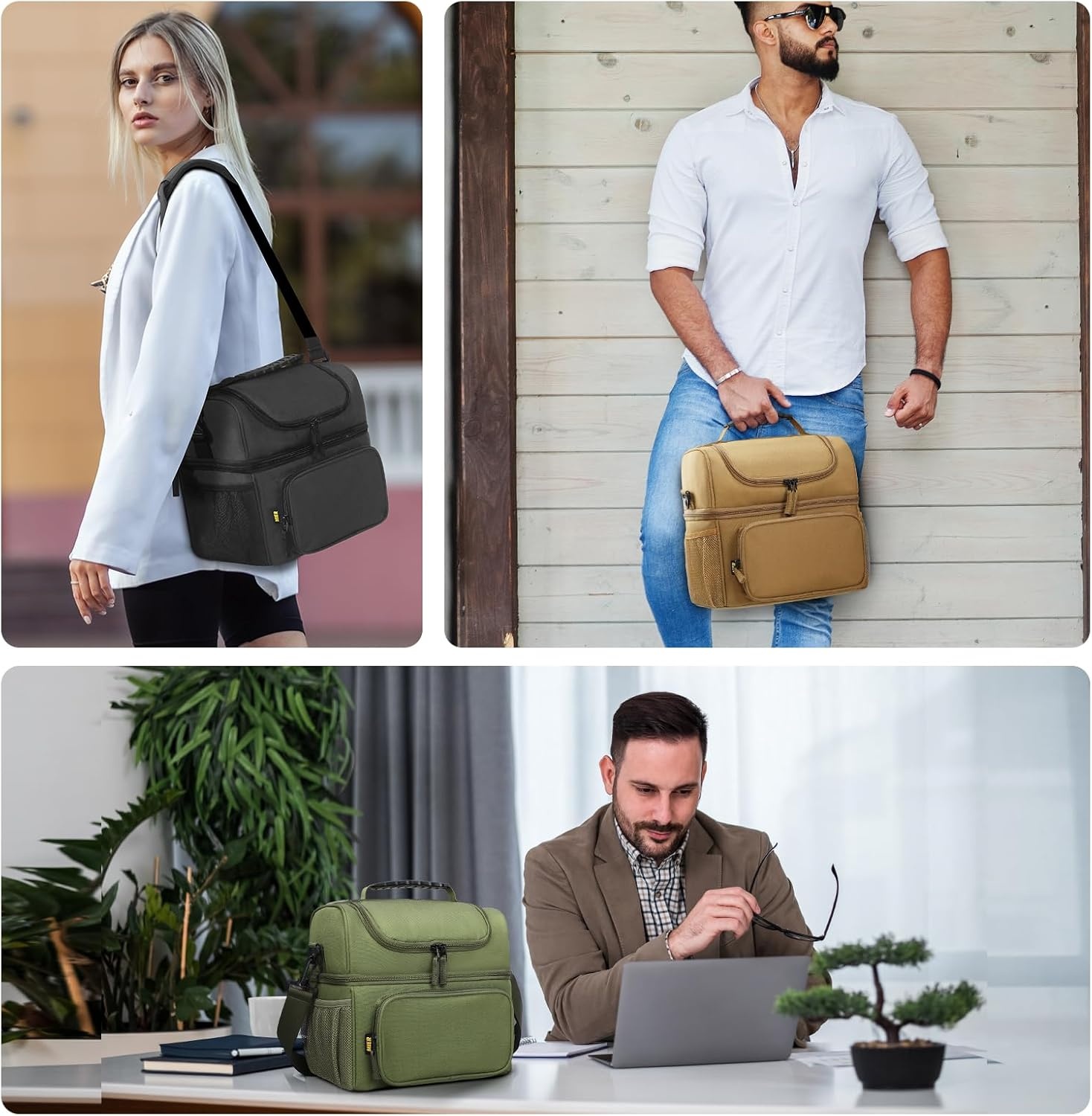image:imageMIER Mens Insulated Lunch Box Dual Compartment Large Lunch Bag Coolers with Shoulder Strap for Men Women Adult to Office Work Picnic Travel Outdoors Army GreenDark Gray