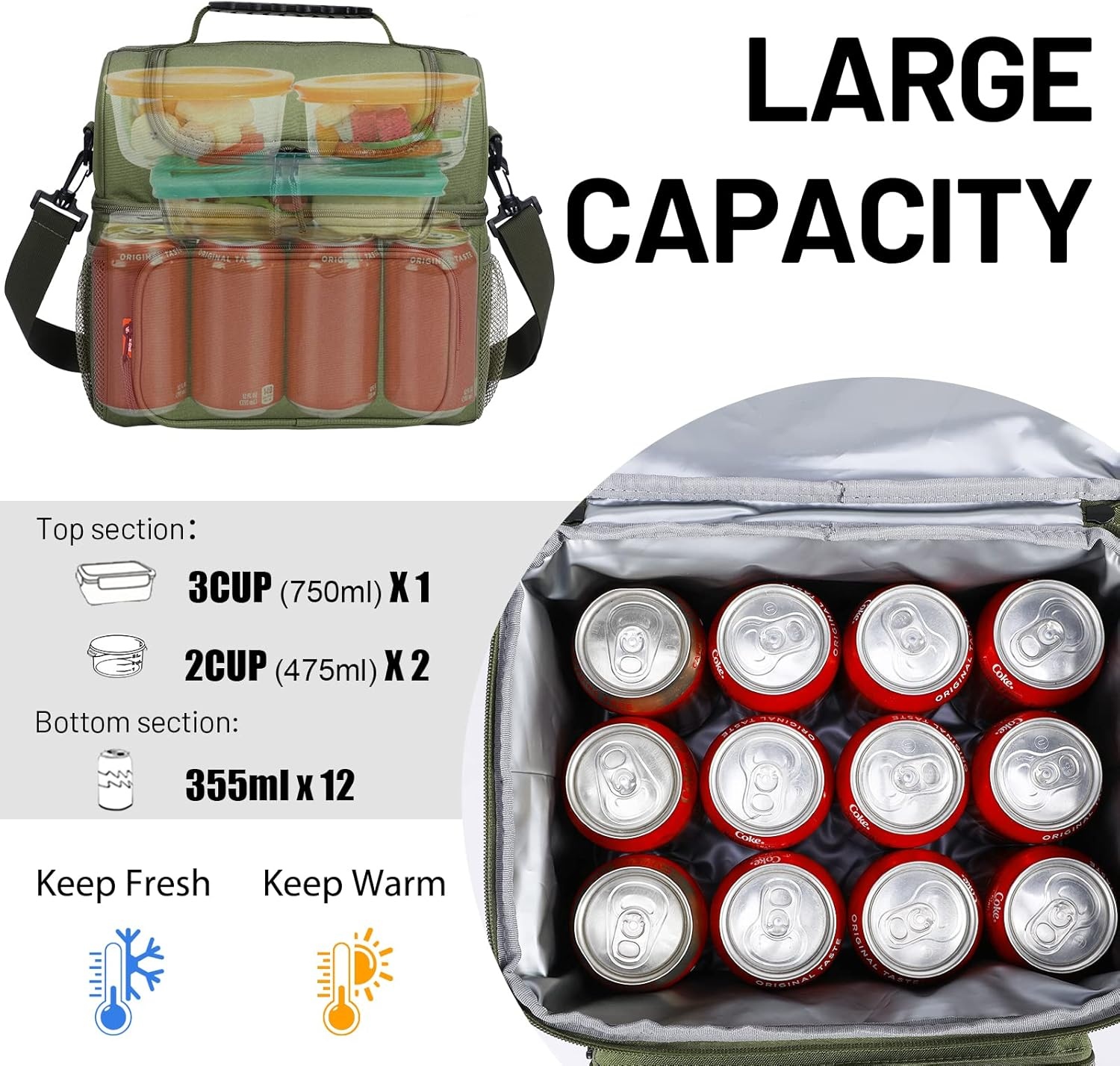 image:imageMIER Mens Insulated Lunch Box Dual Compartment Large Lunch Bag Coolers with Shoulder Strap for Men Women Adult to Office Work Picnic Travel Outdoors Army GreenGreen
