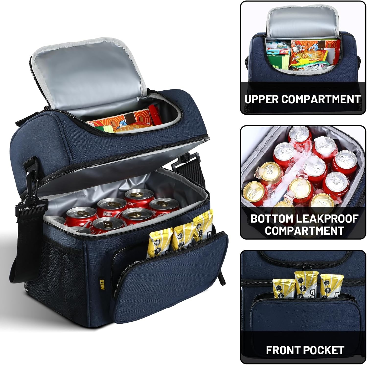 image:imageMIER Mens Insulated Lunch Box Dual Compartment Large Lunch Bag Coolers with Shoulder Strap for Men Women Adult to Office Work Picnic Travel Outdoors Army GreenDark Blue