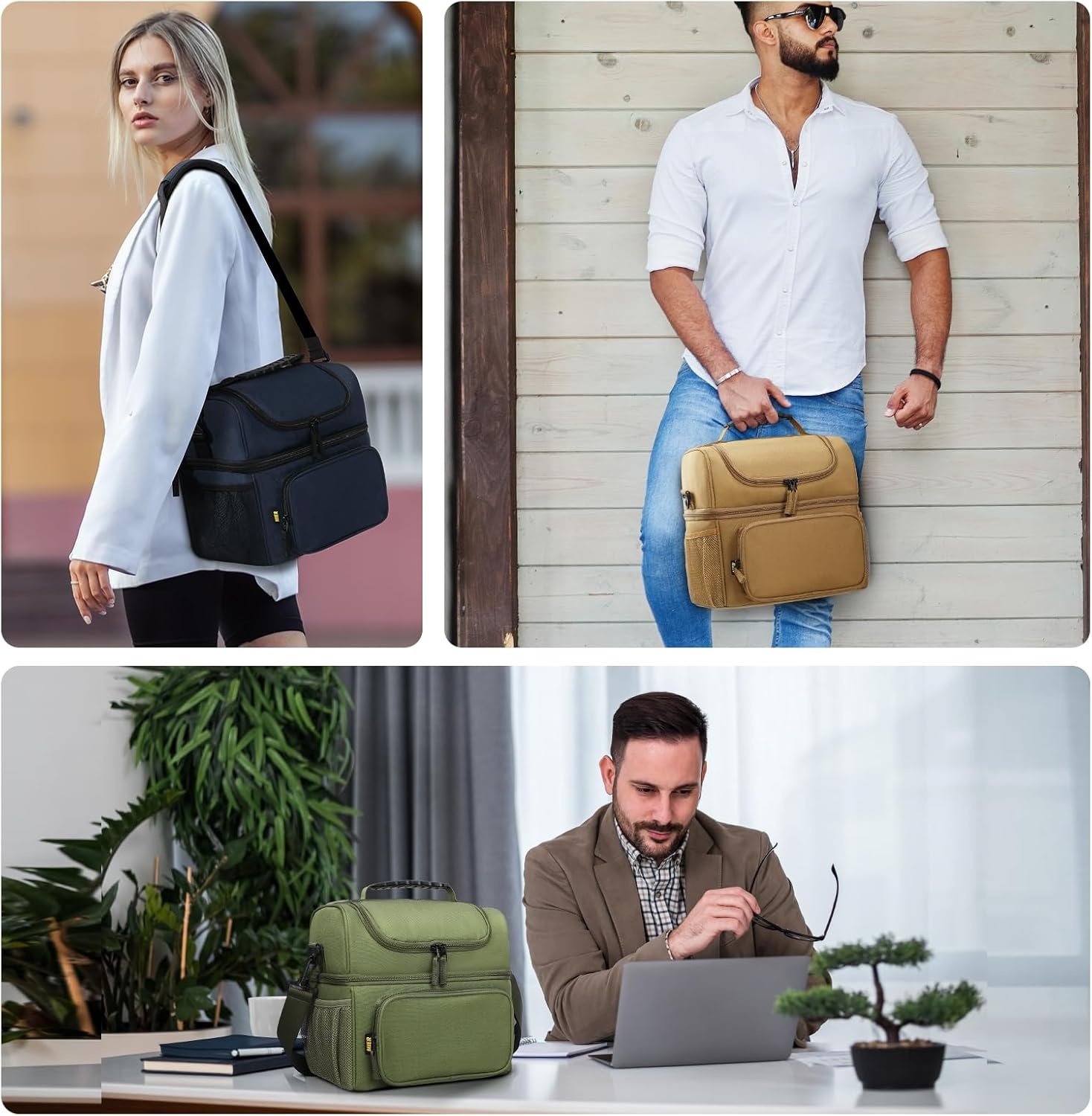 image:imageMIER Mens Insulated Lunch Box Dual Compartment Large Lunch Bag Coolers with Shoulder Strap for Men Women Adult to Office Work Picnic Travel Outdoors Army GreenKhaki