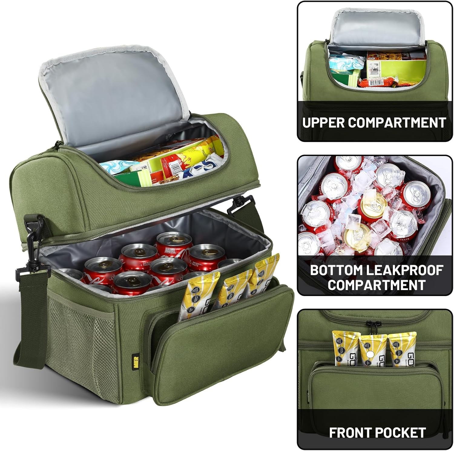 image:imageMIER Mens Insulated Lunch Box Dual Compartment Large Lunch Bag Coolers with Shoulder Strap for Men Women Adult to Office Work Picnic Travel Outdoors Army GreenGreen