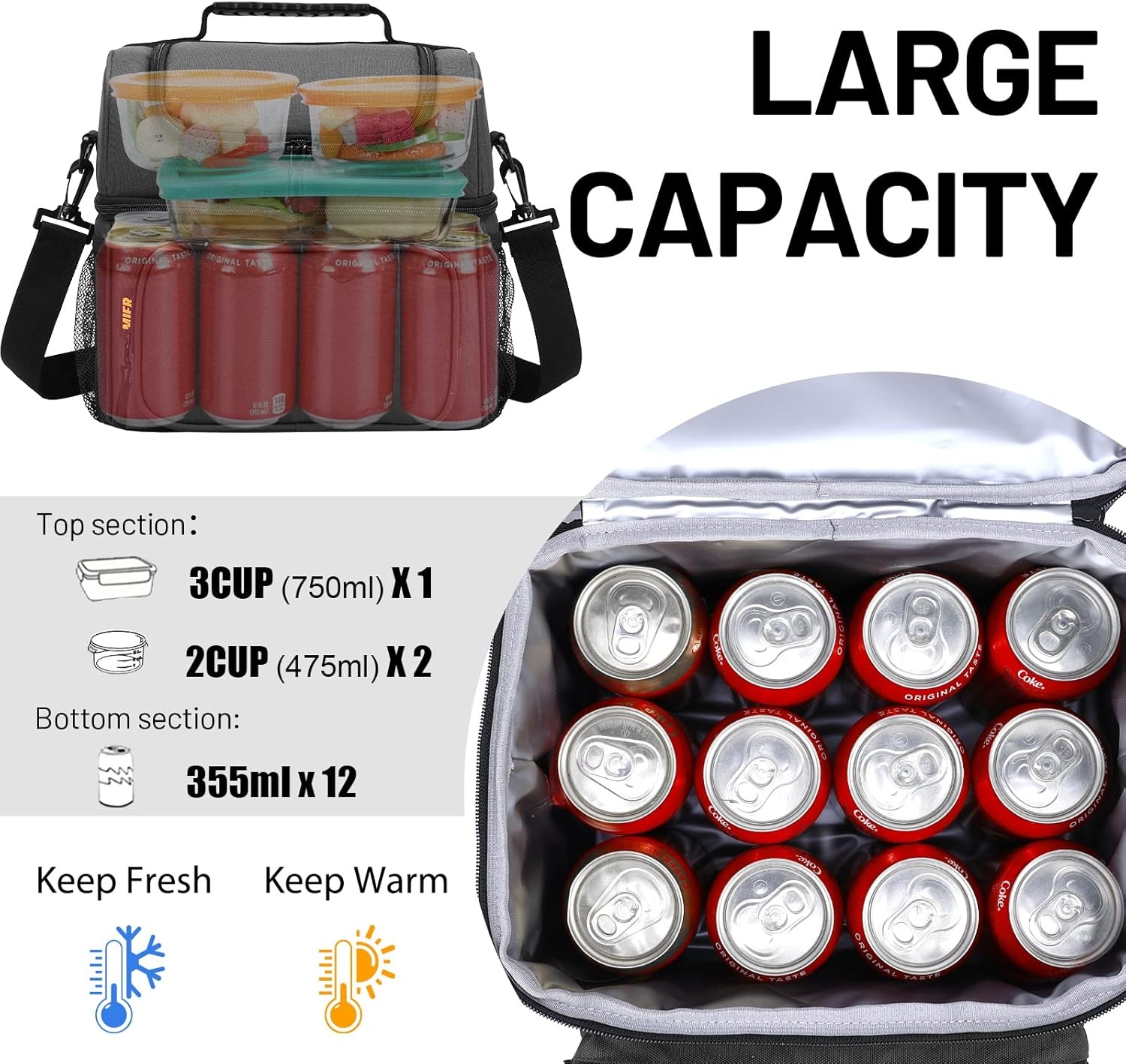 image:imageMIER Mens Insulated Lunch Box Dual Compartment Large Lunch Bag Coolers with Shoulder Strap for Men Women Adult to Office Work Picnic Travel Outdoors Army GreenDark Gray