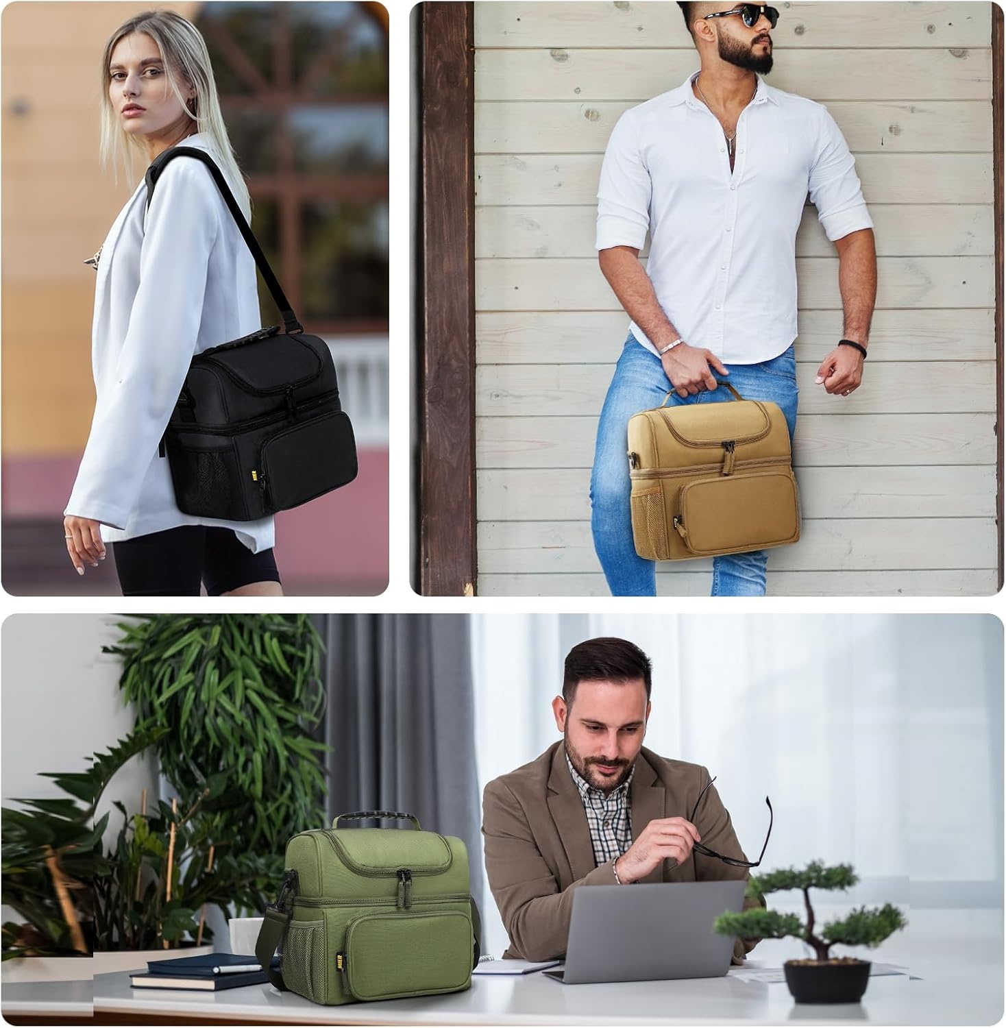image:imageMIER Mens Insulated Lunch Box Dual Compartment Large Lunch Bag Coolers with Shoulder Strap for Men Women Adult to Office Work Picnic Travel Outdoors Army GreenBlack